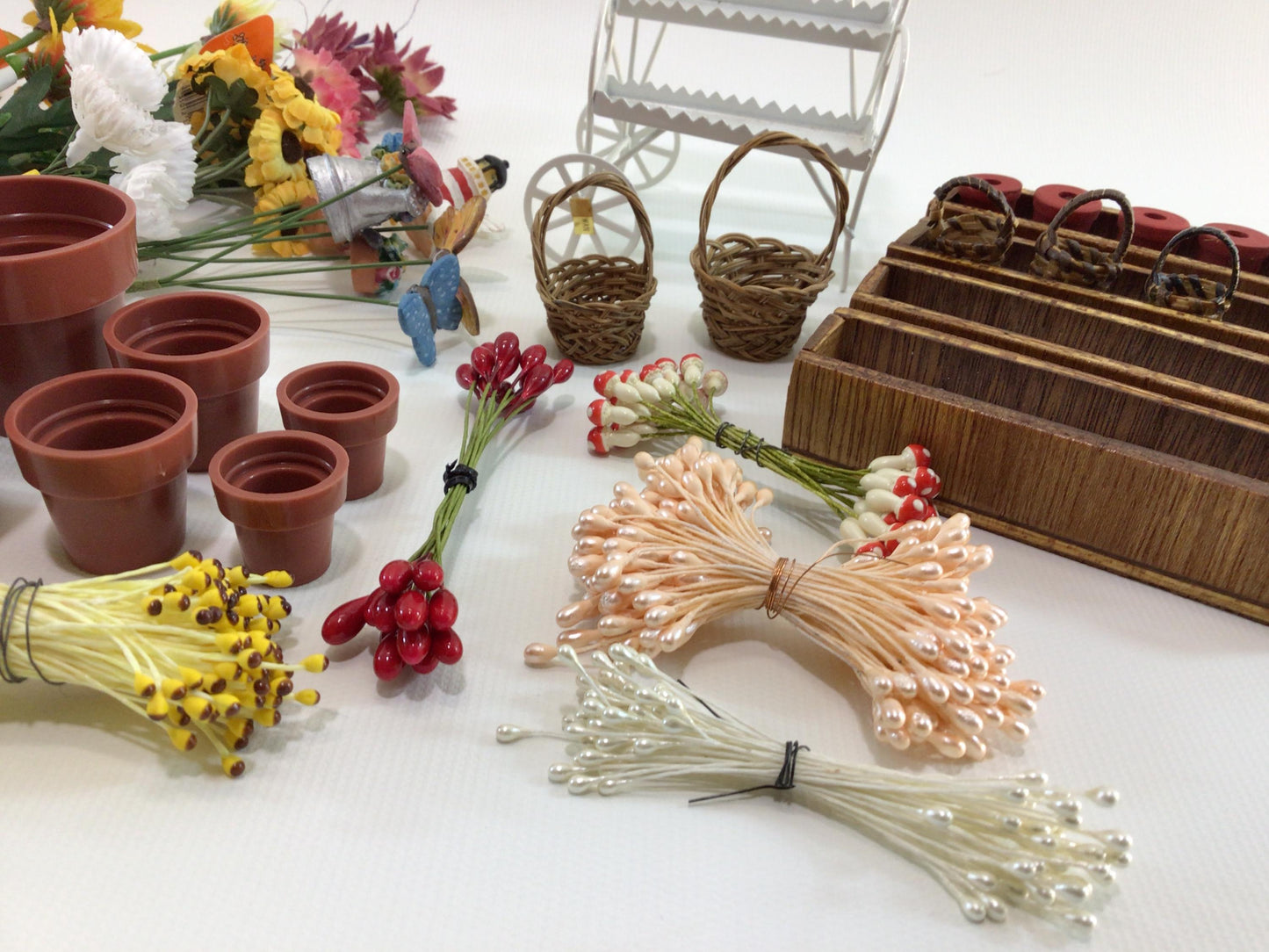 Fairy Garden Miniature Dollhouse Greenhouse Patio Lot Vintage Art Project Diorama Parts Pieces Raised Beds Flowers Pots Baskets Cart