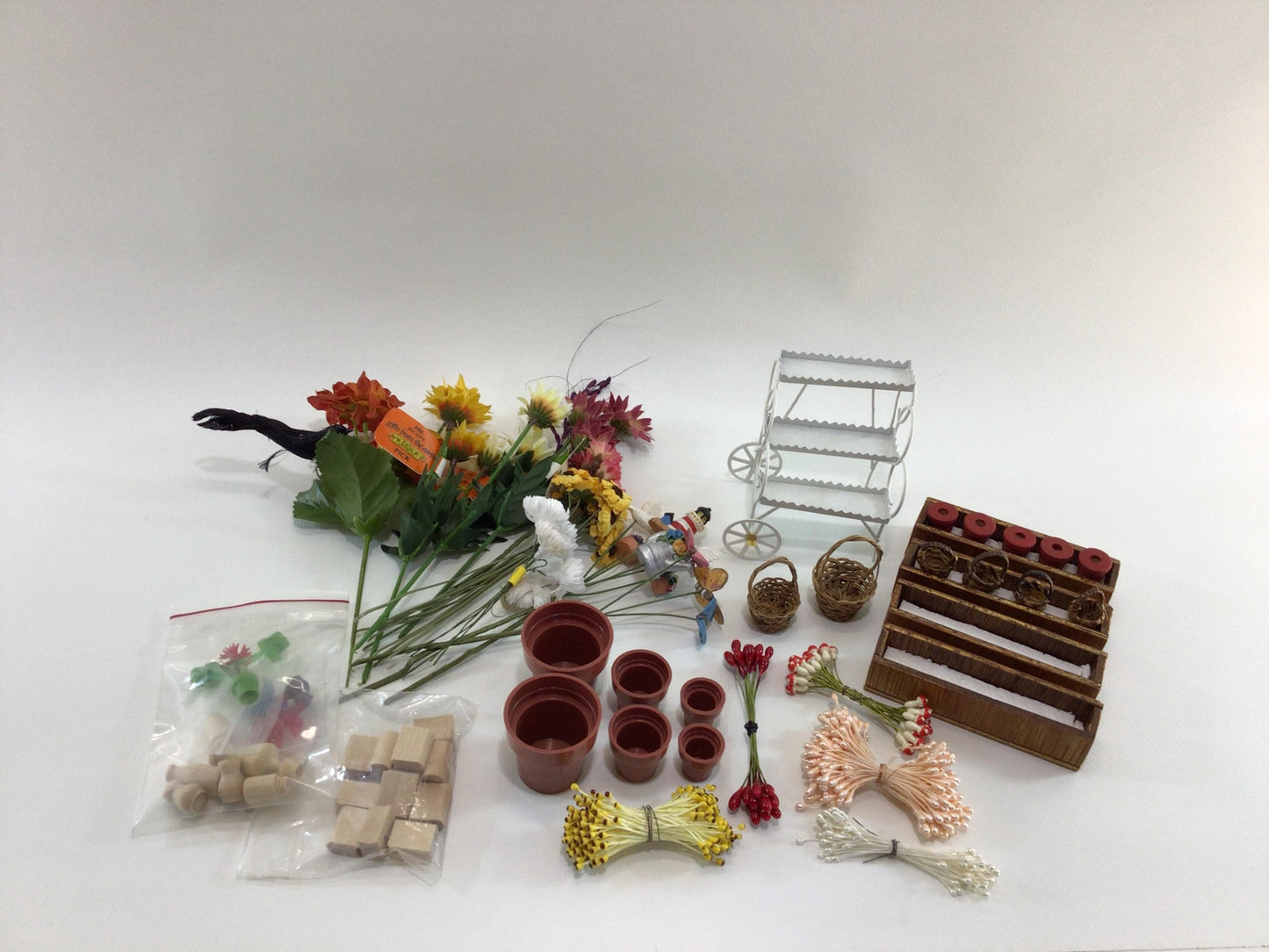 Fairy Garden Miniature Dollhouse Greenhouse Patio Lot Vintage Art Project Diorama Parts Pieces Raised Beds Flowers Pots Baskets Cart