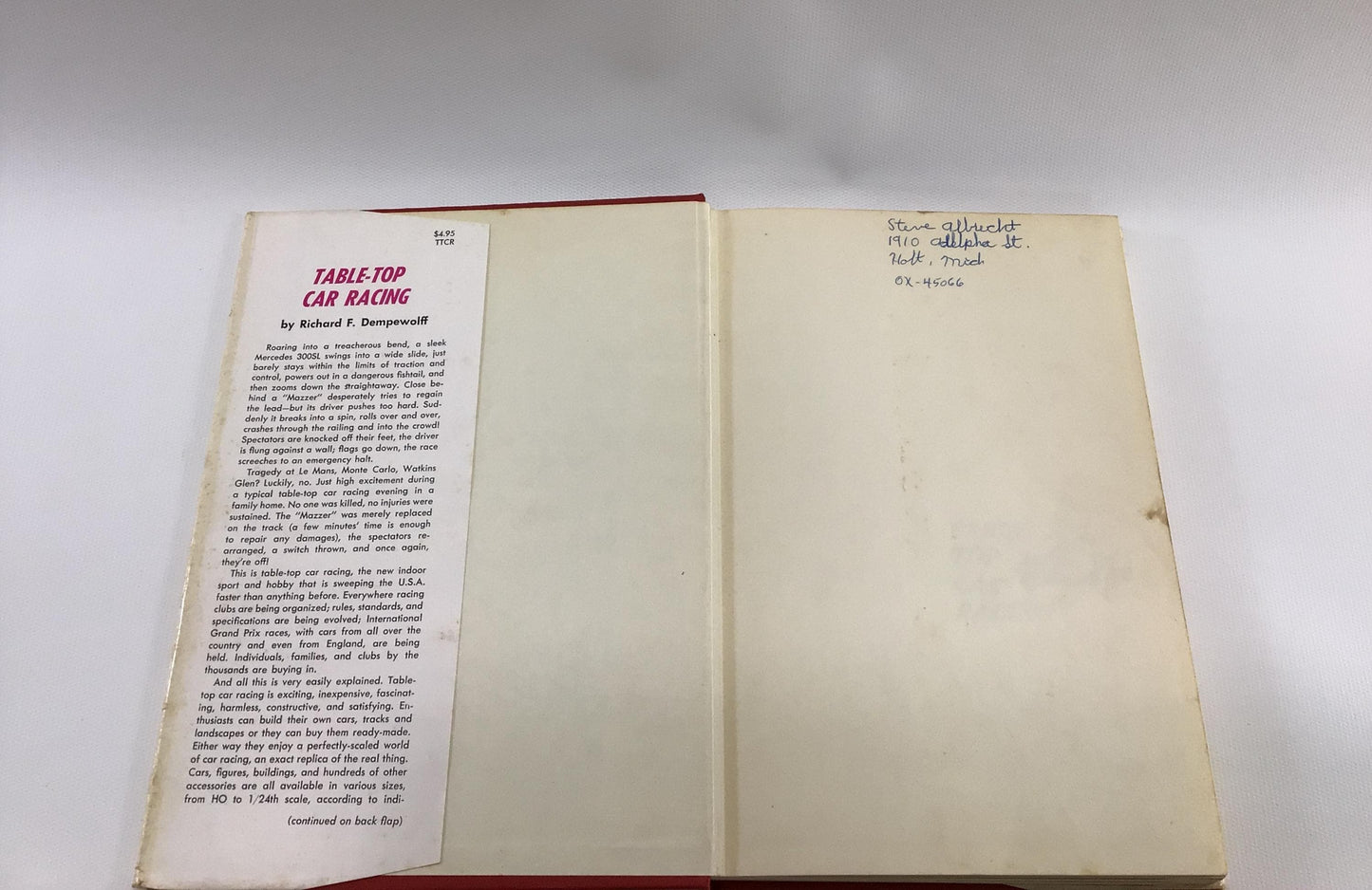 Table Top Car Racing Hardcover Book Vintage Slot Car DIY Manual Copyright 1963