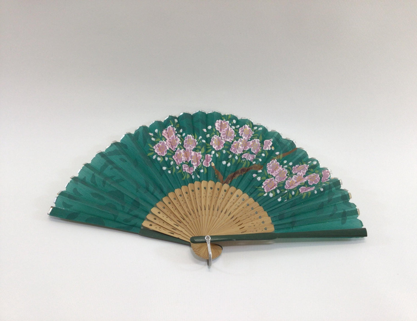 Green Linen Folding Fan Cheery Blossom Motif Quality Made Vintage Fashion Accessory