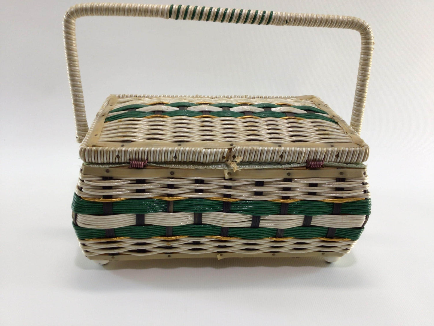 Sewing Basket with Notions and Celluloid Doll Project Supplies Vintage Made in Japan Storage Container
