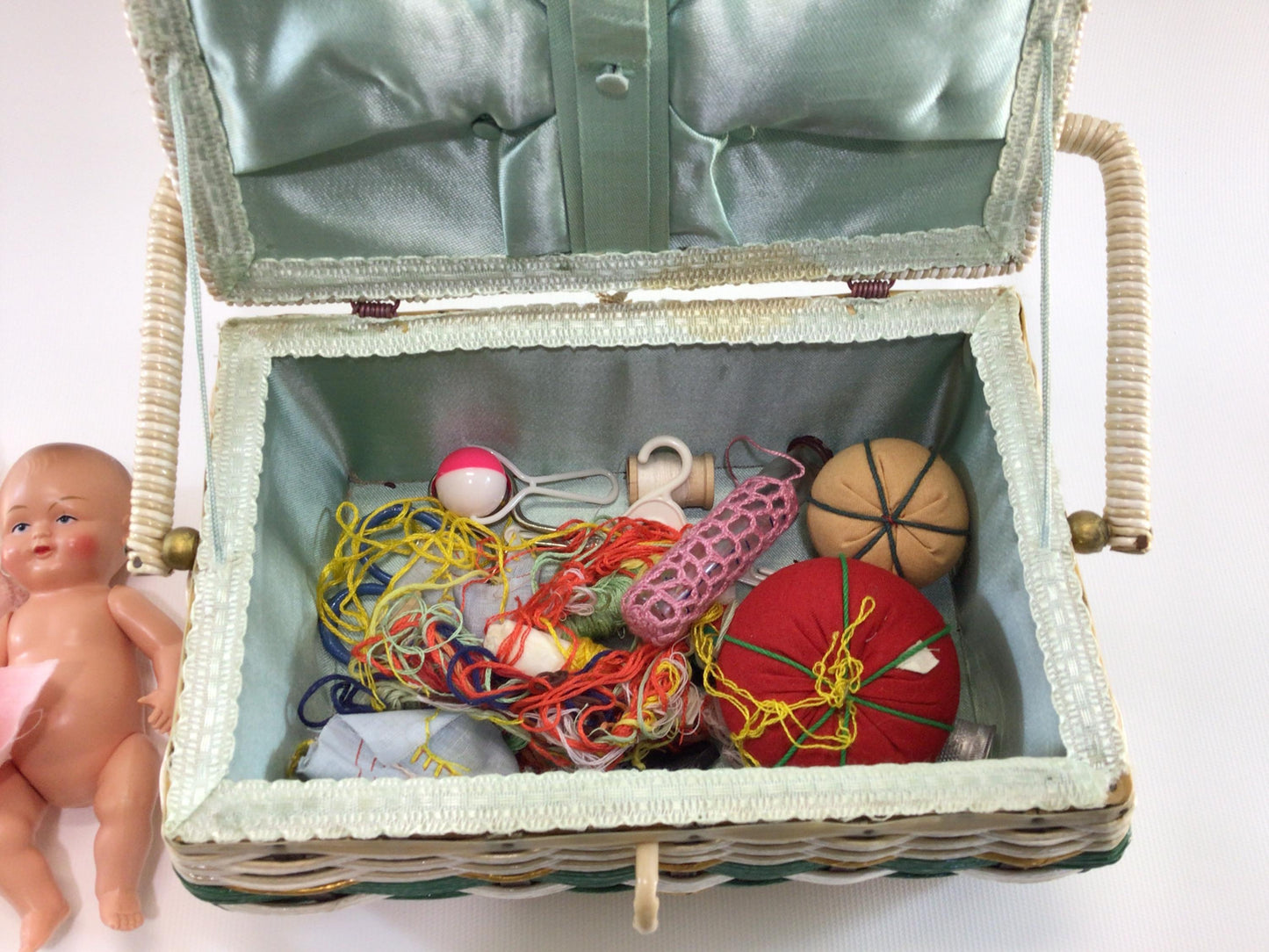 Sewing Basket with Notions and Celluloid Doll Project Supplies Vintage Made in Japan Storage Container
