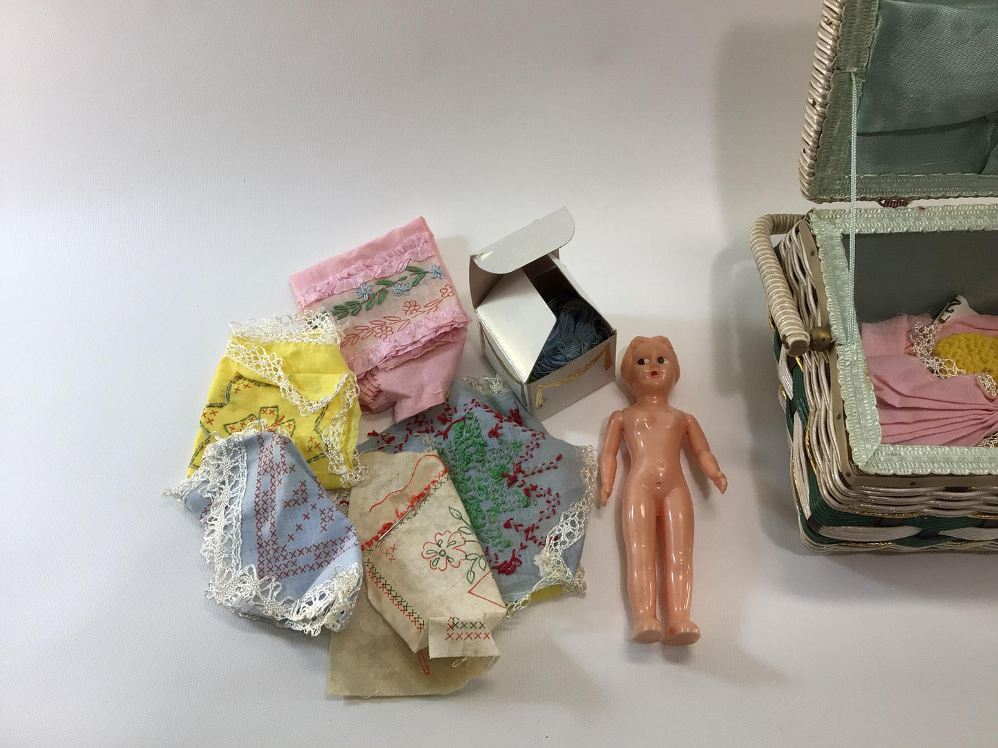Sewing Basket with Notions and Lady Celluloid Doll Project Supplies Vintage Made in Japan Storage Container