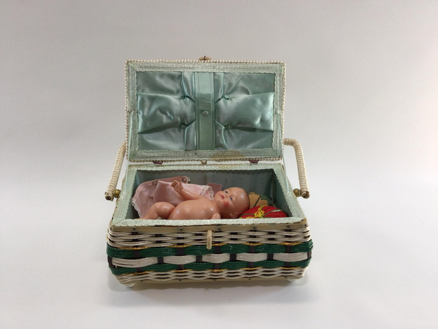 Sewing Basket with Notions and Celluloid Doll Project Supplies Vintage Made in Japan Storage Container