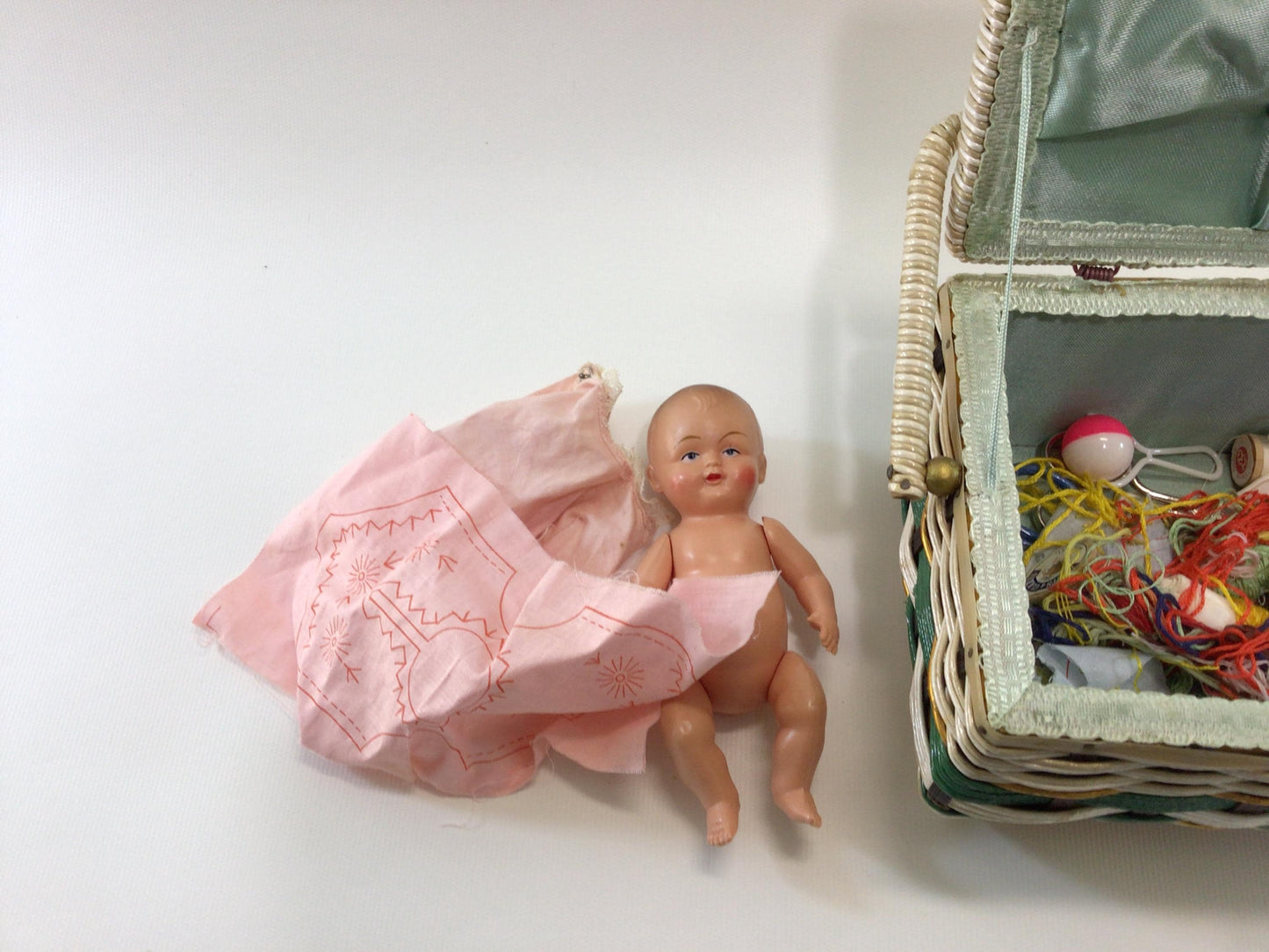 Sewing Basket with Notions and Celluloid Doll Project Supplies Vintage Made in Japan Storage Container