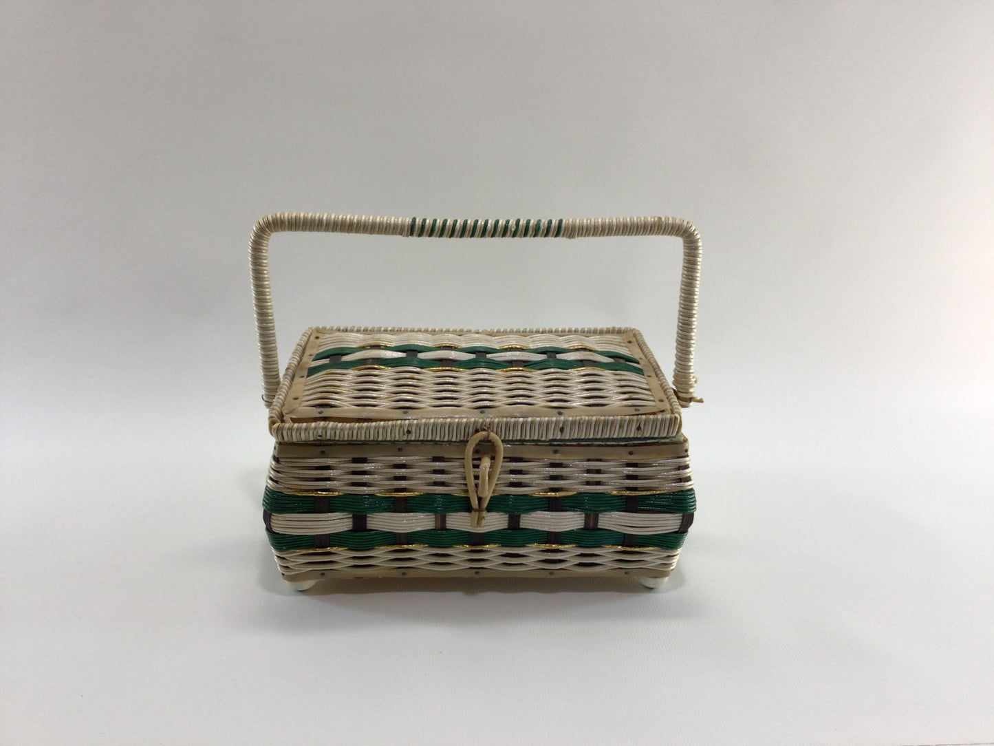 Sewing Basket with Notions and Lady Celluloid Doll Project Supplies Vintage Made in Japan Storage Container