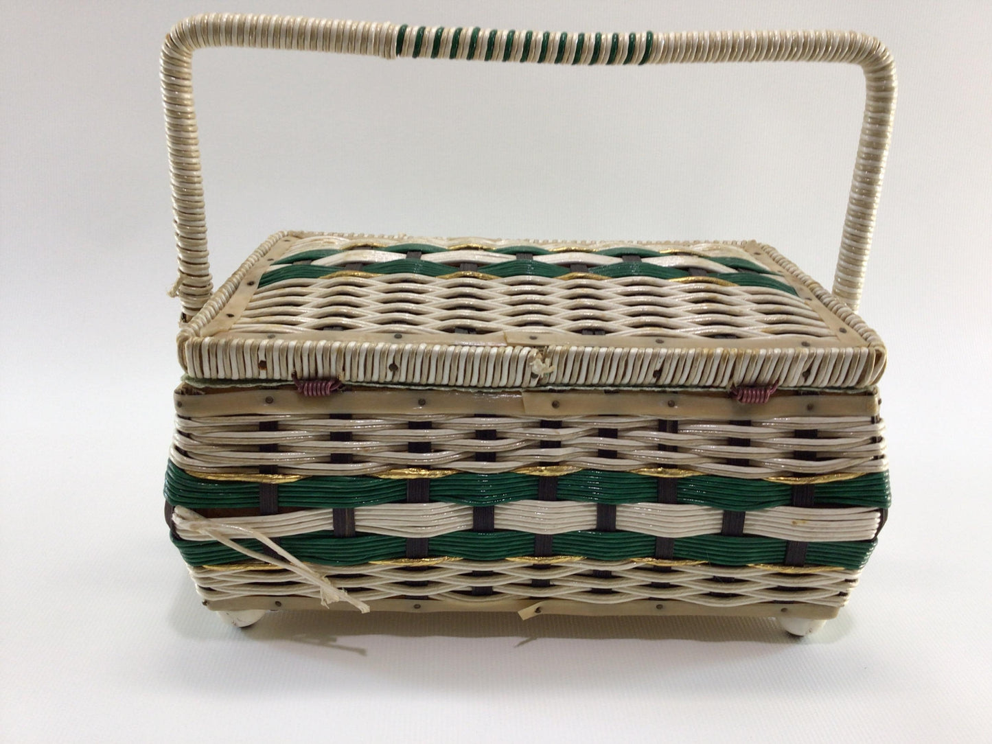 Sewing Basket with Notions and Lady Celluloid Doll Project Supplies Vintage Made in Japan Storage Container
