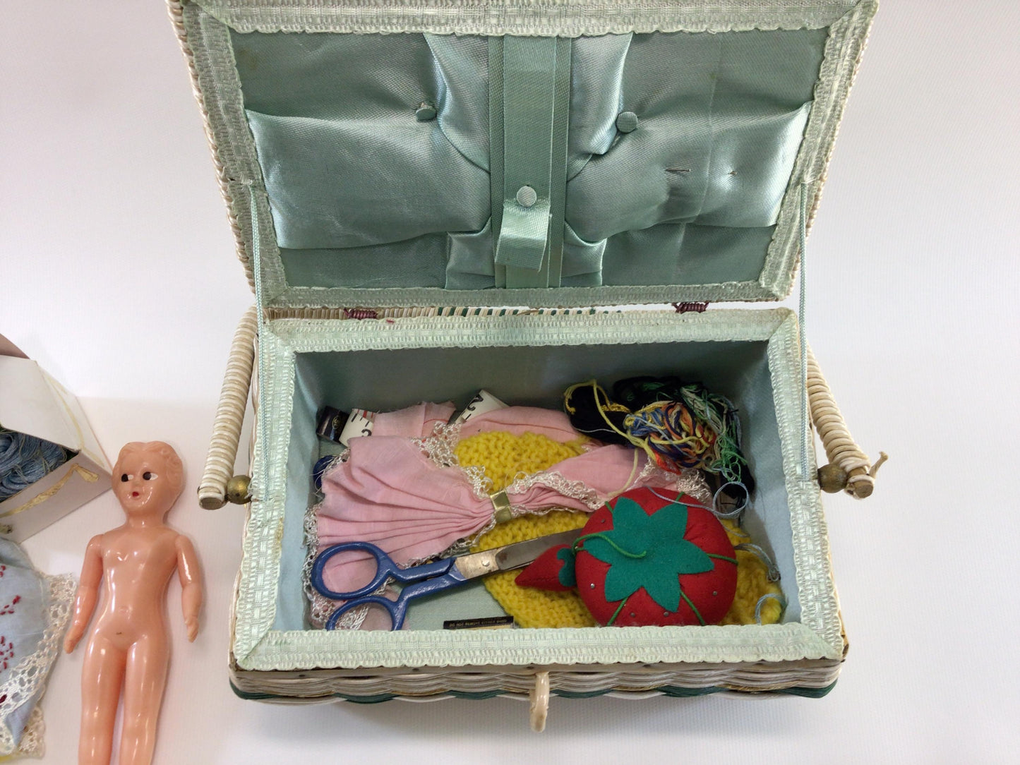 Sewing Basket with Notions and Lady Celluloid Doll Project Supplies Vintage Made in Japan Storage Container