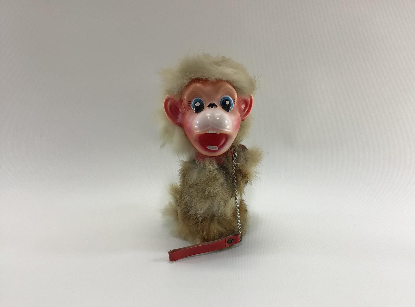 Rabbit Fur Toy Monkey with Collar and Leash Vintage Kitschy Carnival Fair Prize