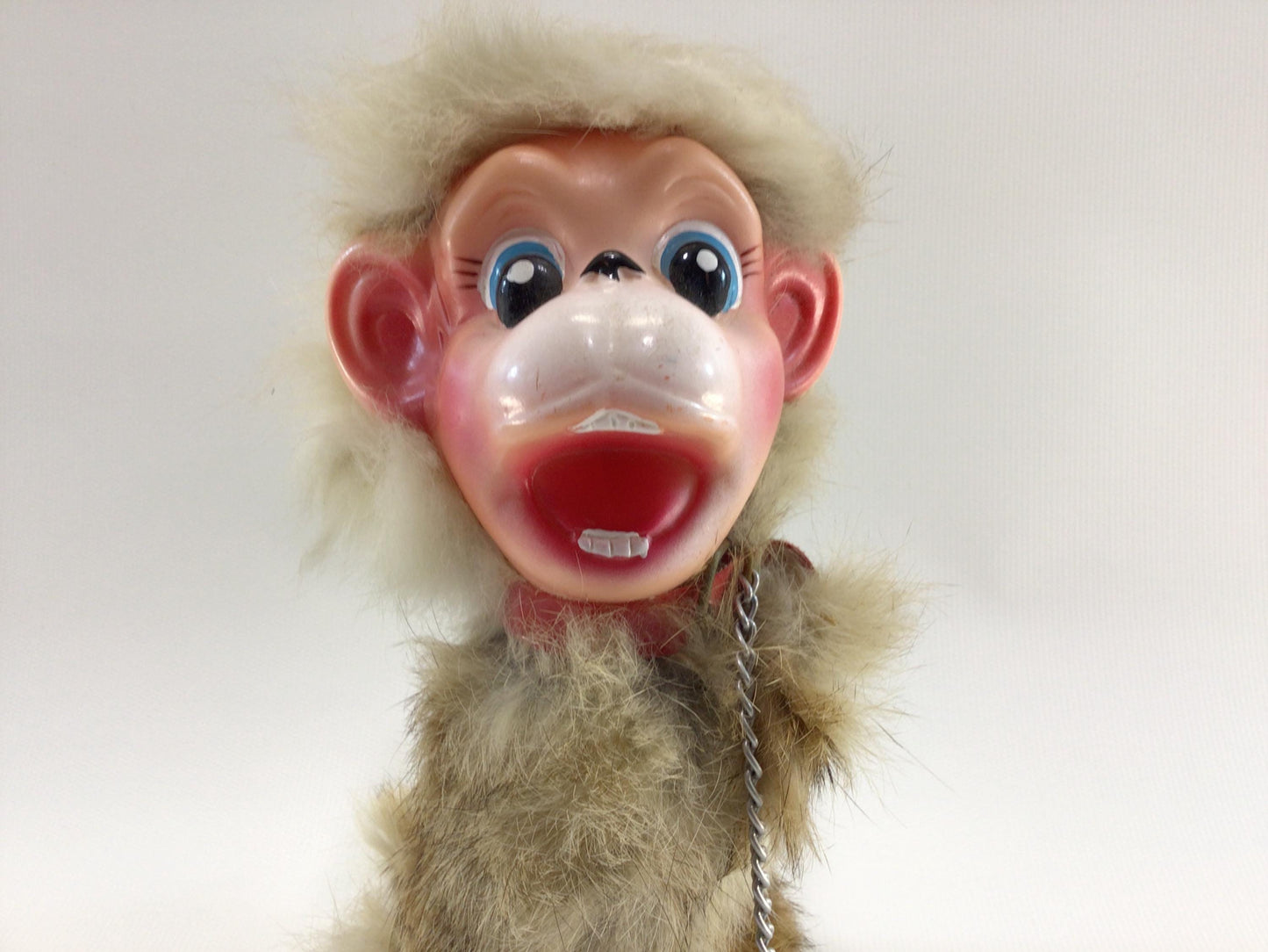 Rabbit Fur Toy Monkey with Collar and Leash Vintage Kitschy Carnival Fair Prize