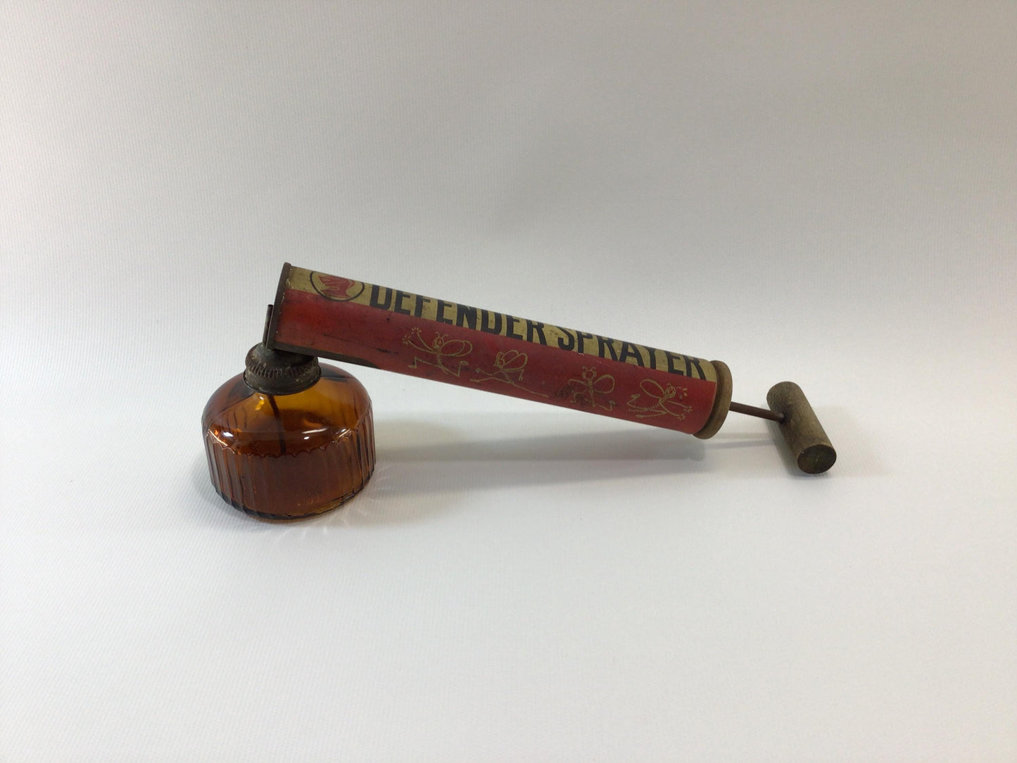 Defender Insect Bug Sprayer Vintage 1960's Tin Lithograph with Amber Glass Bottle