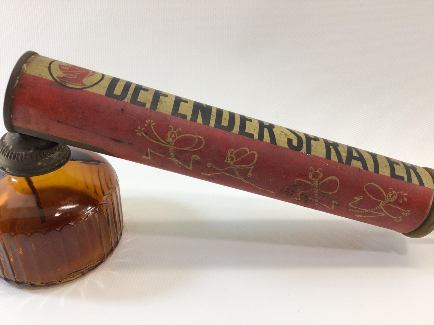 Defender Insect Bug Sprayer Vintage 1960's Tin Lithograph with Amber Glass Bottle