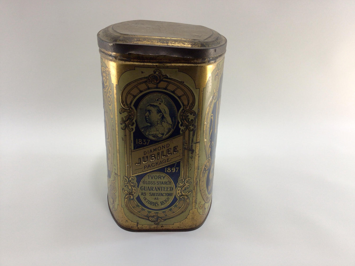St Lawrence Ivory Gloss Starch 6 lb Advertising Tin Rustic Country Kitchen Decor 1897 Diamond Jubilee Pack