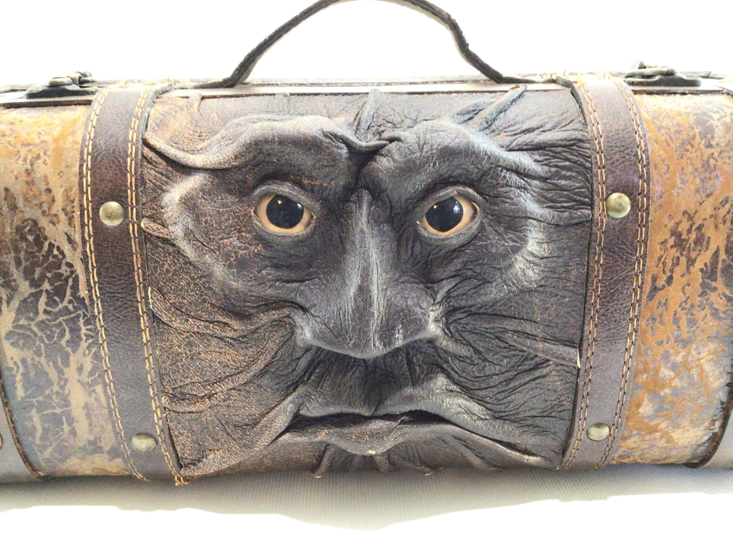 Green Man Trinket Treasure Box Leather and Wood Construction Vintage Handmade Artisan Handbag Purse