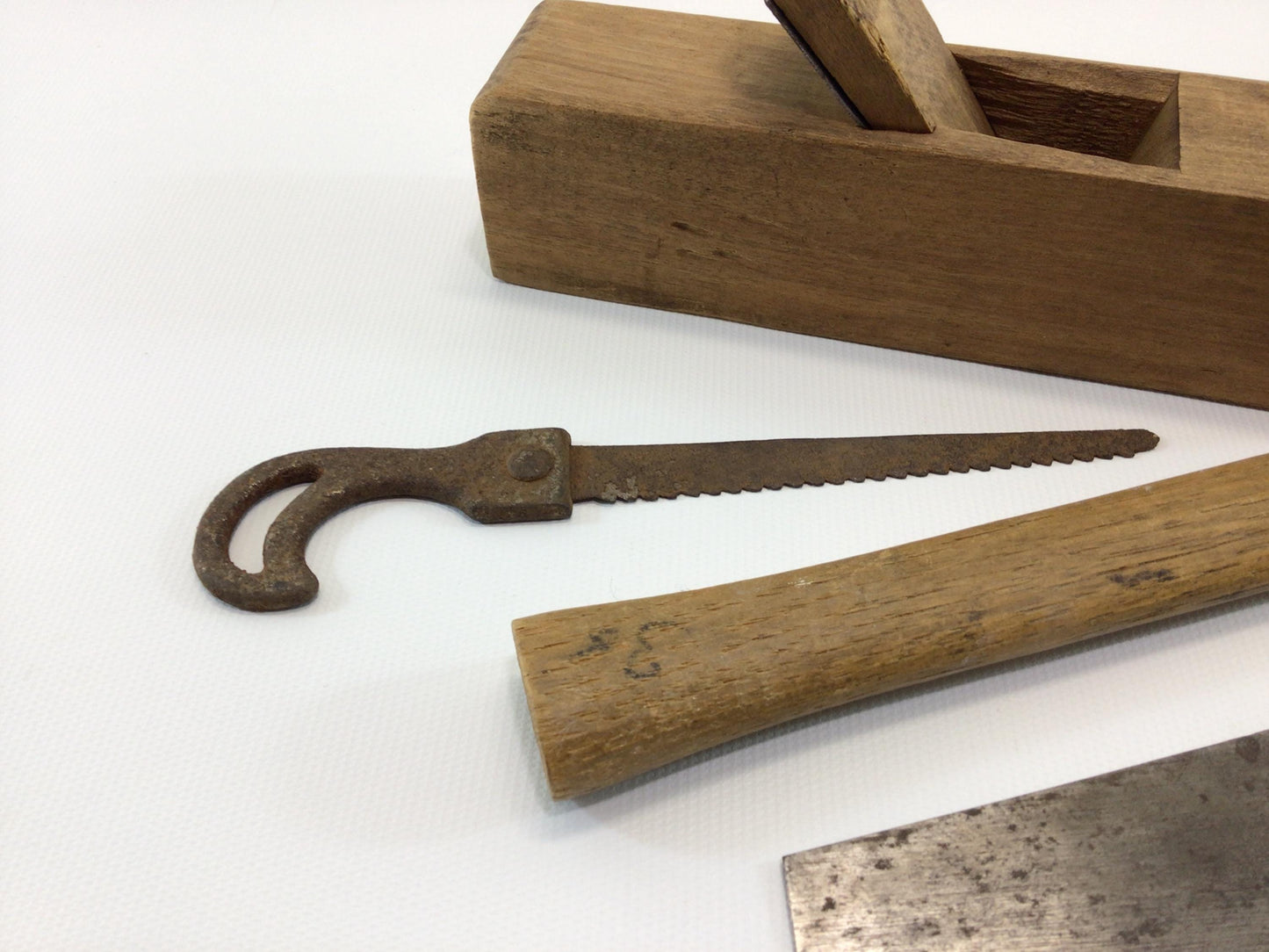 Toy Carpenter's Hand Tools Antique Primitive Rustic Wood and Metal Construction Plane Hammer Saw