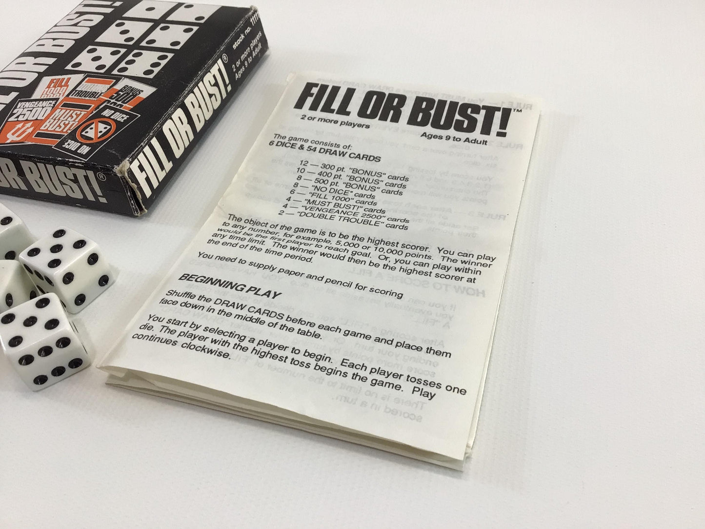 Fill or Bust! 1987 Bowman Games Vintage Family Fun Dice / Card Game