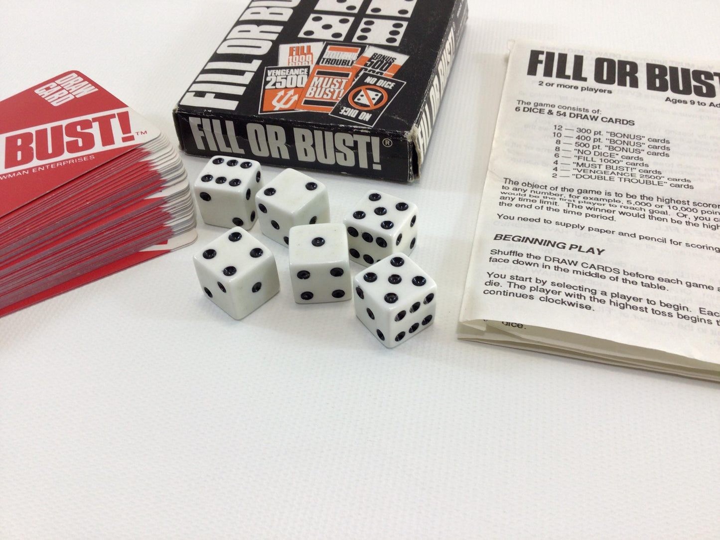 Fill or Bust! 1987 Bowman Games Vintage Family Fun Dice / Card Game