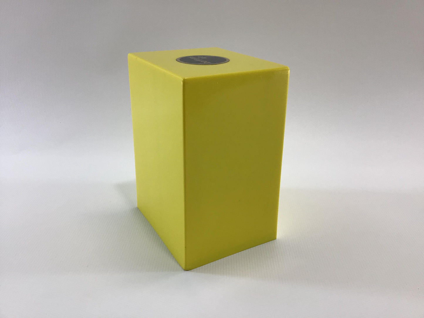 Bottoms Up Mid Century Novelty Storage Container Box Yellow and Black Hard Plastic Weighted Trap Door Bottom