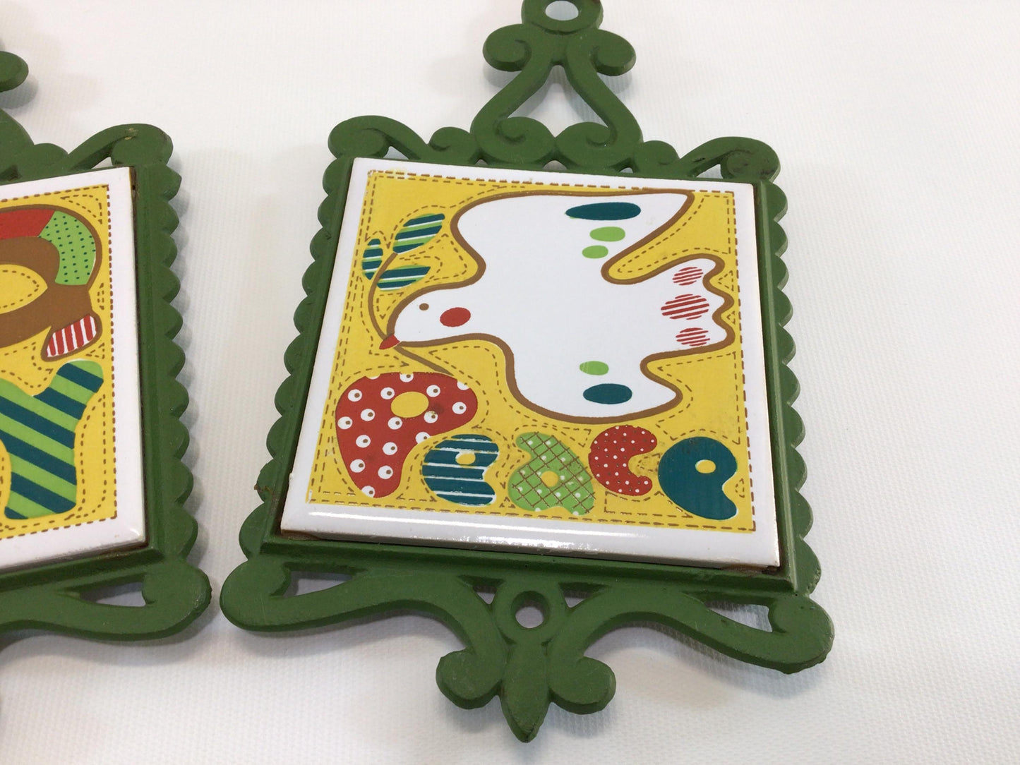 Joy and Peace Cast Iron Ceramic Tile Holiday Trivet Set Retro Pop Art 70s Christmas Kitchen Decor
