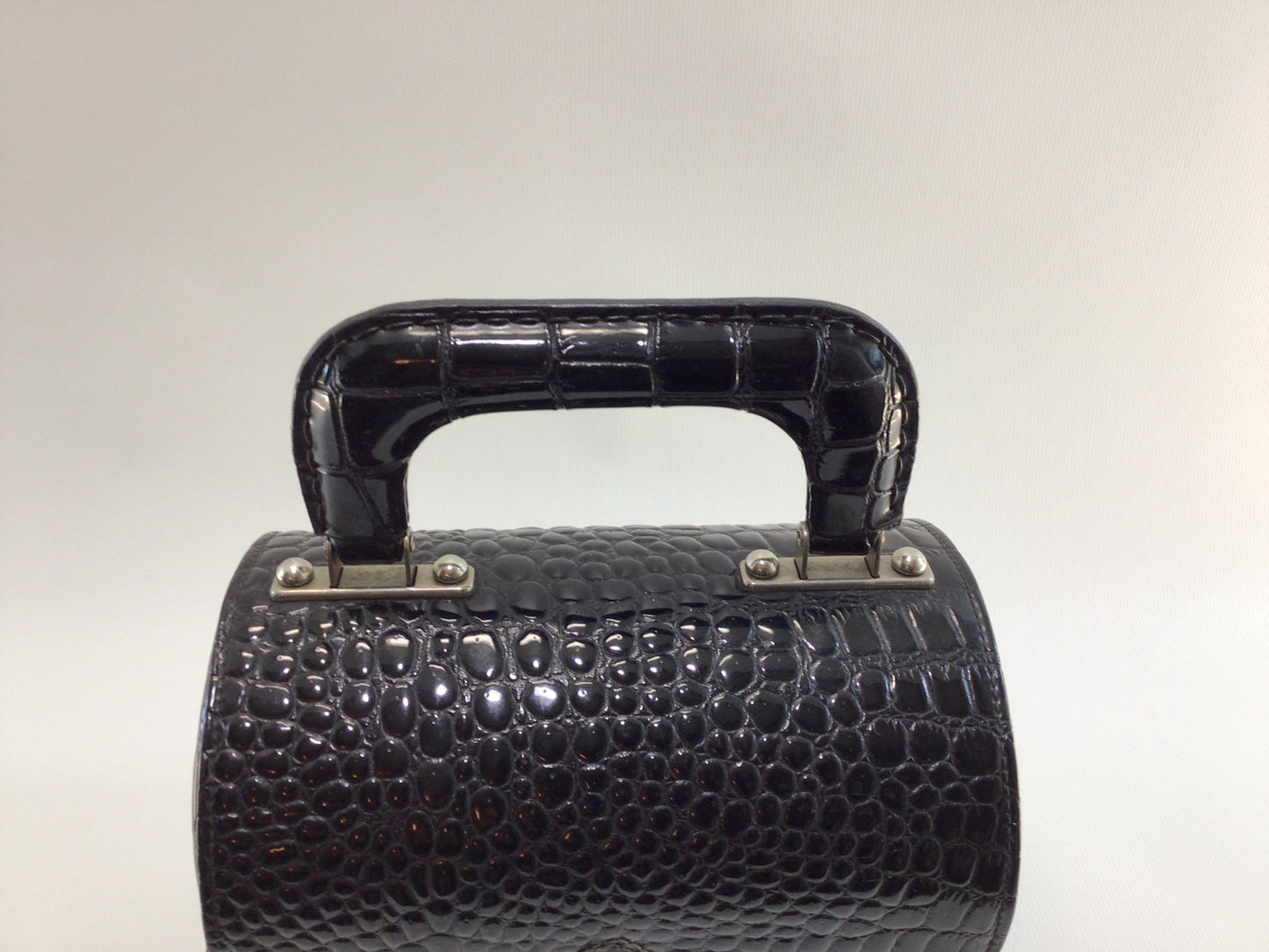 Black Faux Alligator Coffin Box Handbag Purse Vintage Mid Century Fashion Accessory