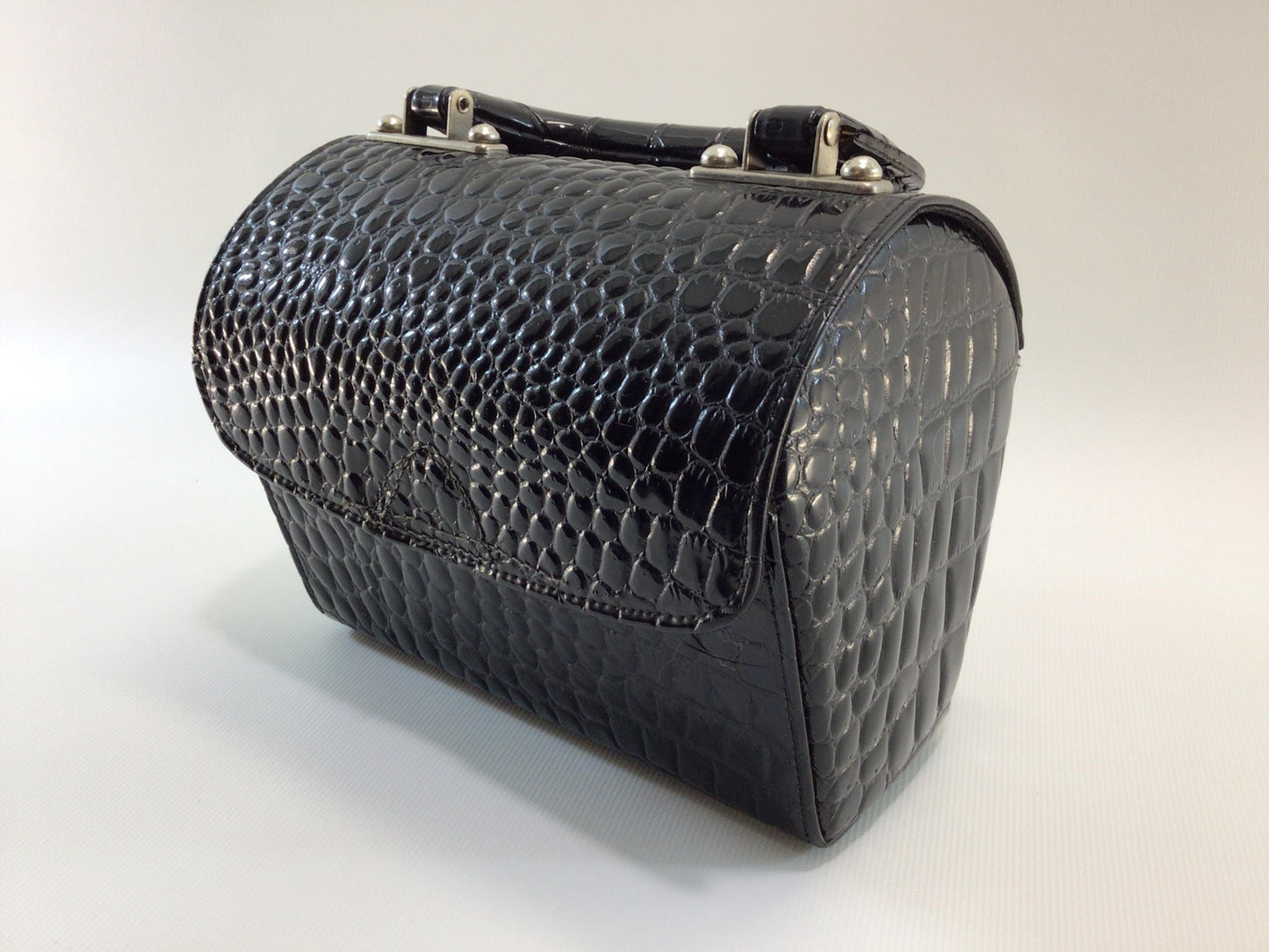 Black Faux Alligator Coffin Box Handbag Purse Vintage Mid Century Fashion Accessory