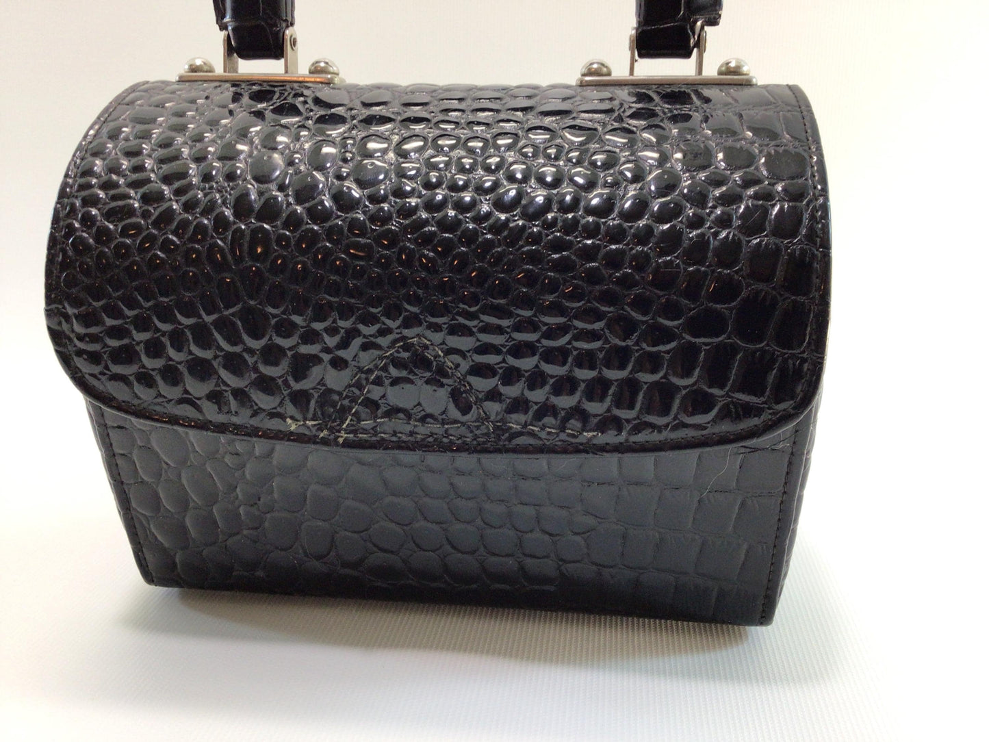 Black Faux Alligator Coffin Box Handbag Purse Vintage Mid Century Fashion Accessory