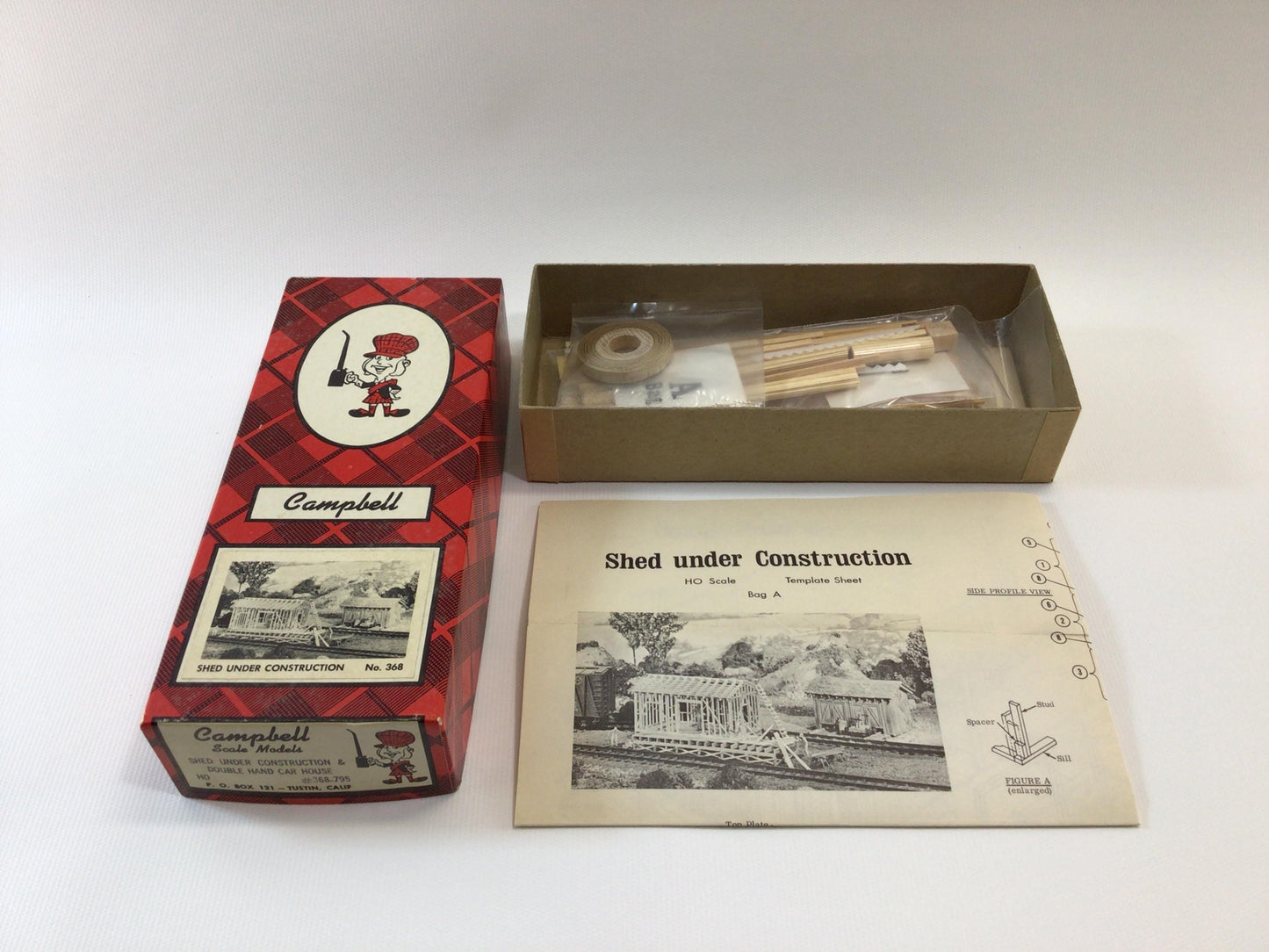 Campbell HO Scale Model Railroad Shed Under Construction and Double Hand Car House No 368-795 Vintage Modeling Kit