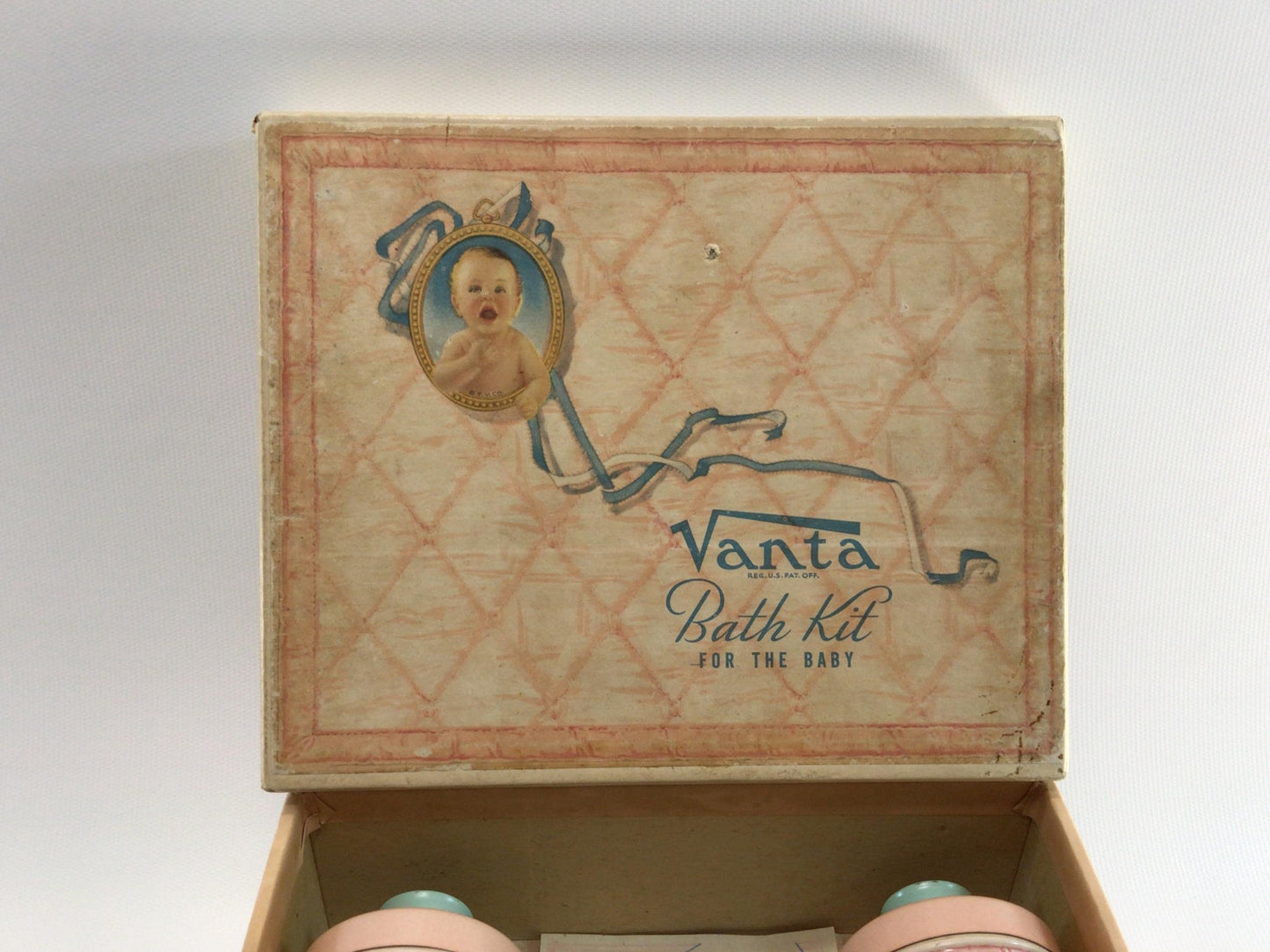 Antique Boxed Gift Set Vanta Bath Kit for the Baby Talc Powder Tins Bath Oil and Advertisement Ephemera