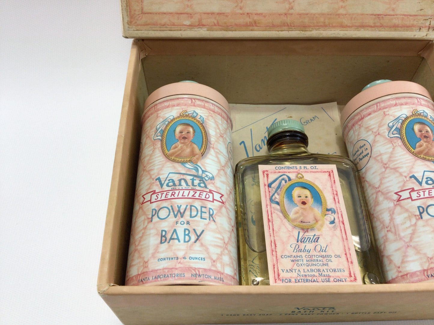 Antique Boxed Gift Set Vanta Bath Kit for the Baby Talc Powder Tins Bath Oil and Advertisement Ephemera