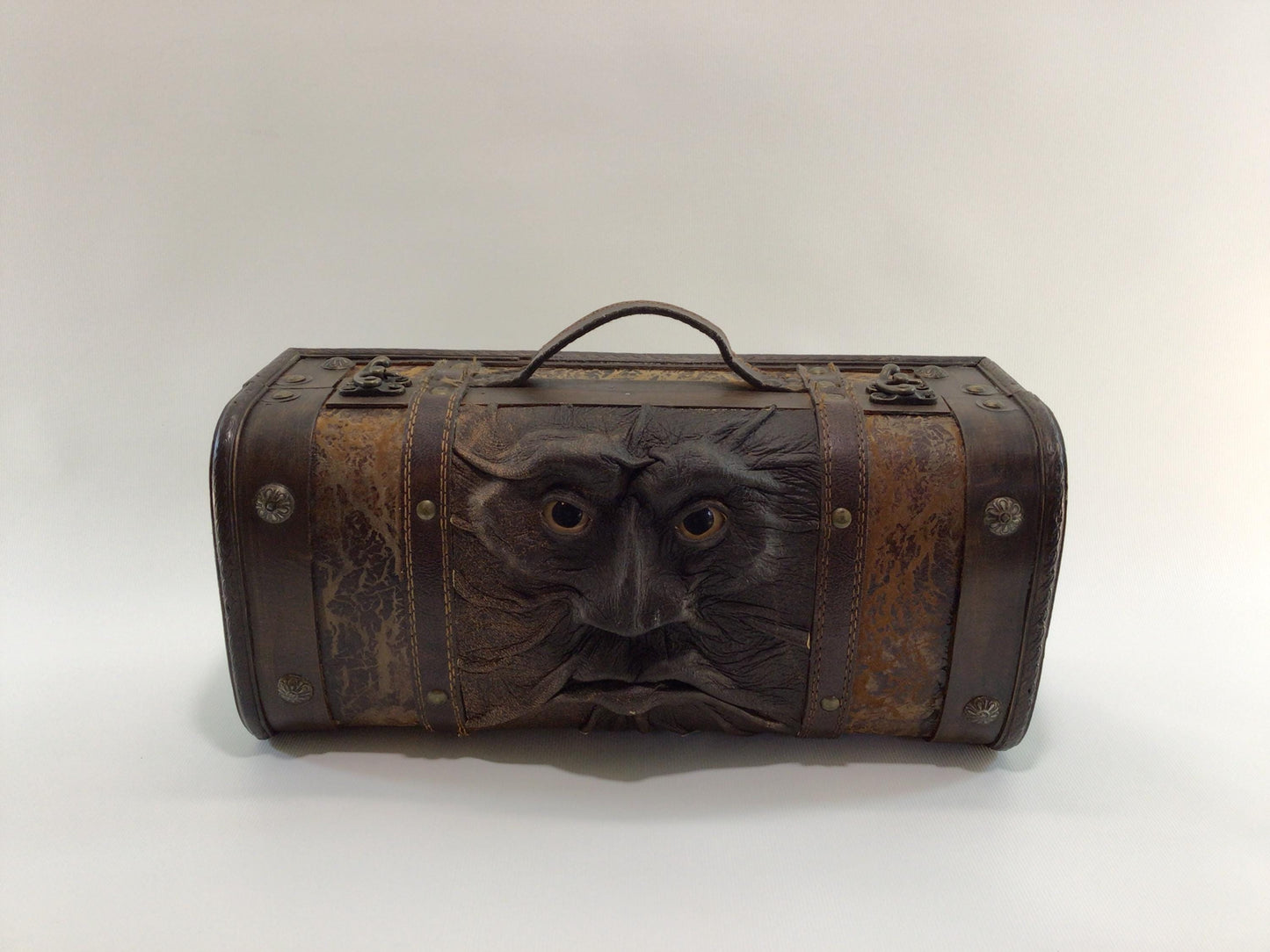 Green Man Trinket Treasure Box Leather and Wood Construction Vintage Handmade Artisan Handbag Purse