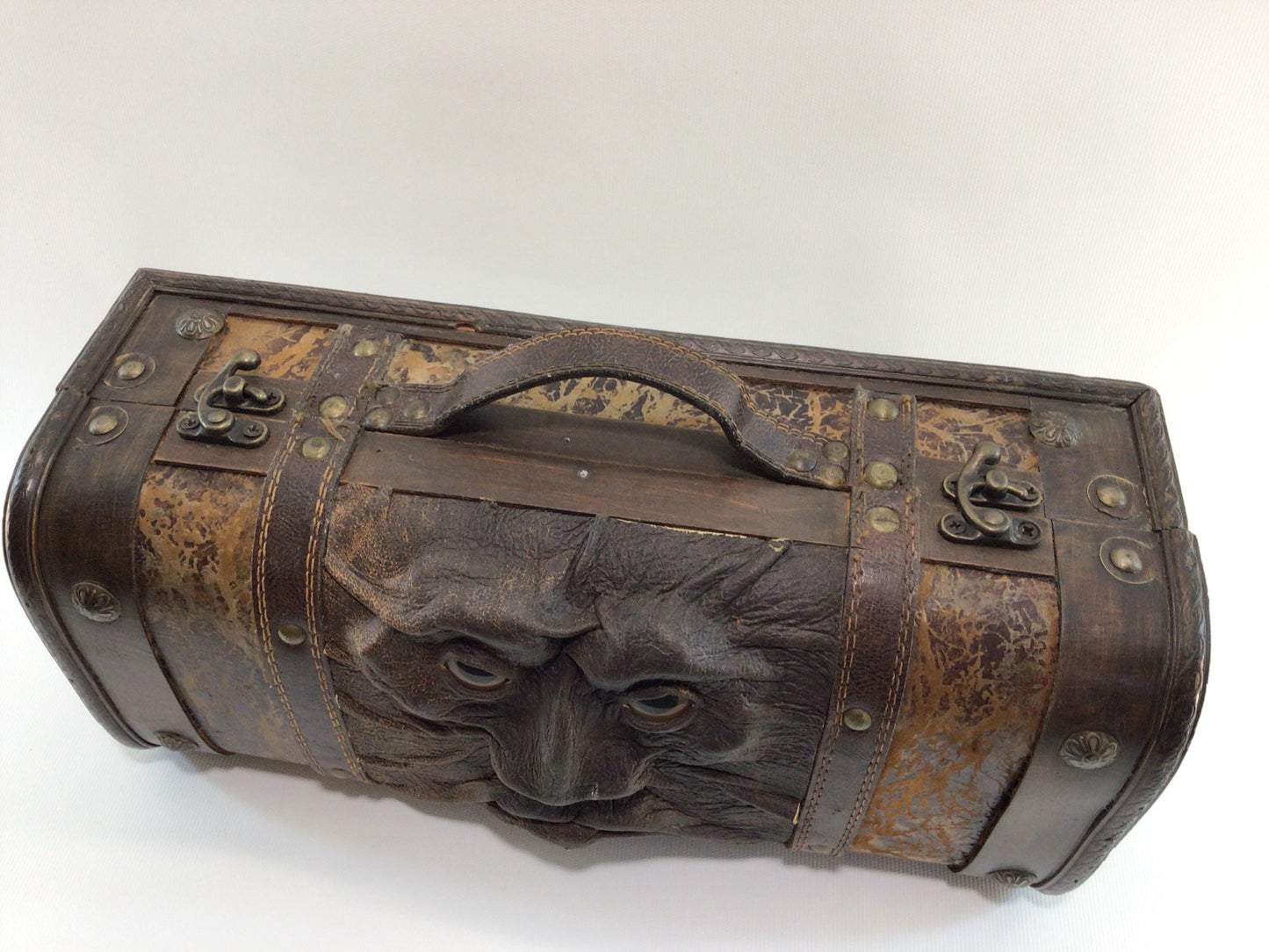 Green Man Trinket Treasure Box Leather and Wood Construction Vintage Handmade Artisan Handbag Purse
