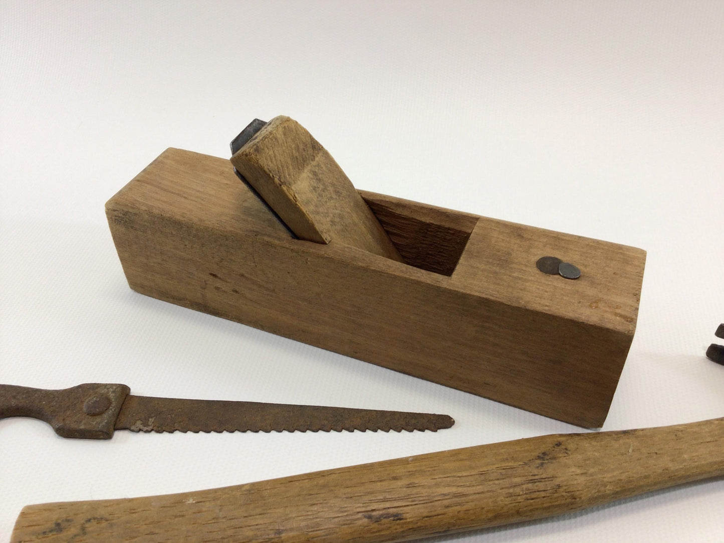 Toy Carpenter's Hand Tools Antique Primitive Rustic Wood and Metal Construction Plane Hammer Saw