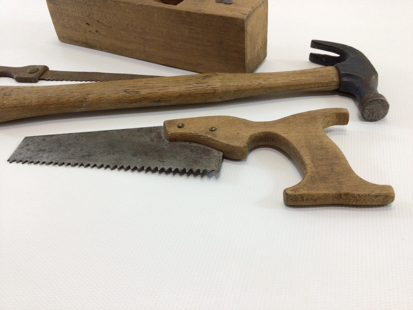 Toy Carpenter's Hand Tools Antique Primitive Rustic Wood and Metal Construction Plane Hammer Saw