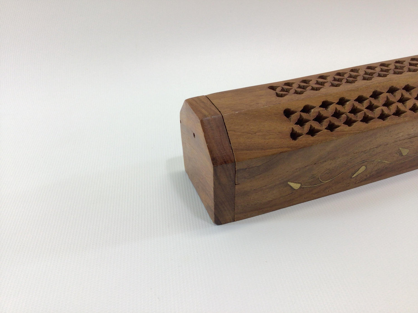 Incense Box Burner Vintage Hardwood and Brass Inlay Leaves for 9" Stick Incense