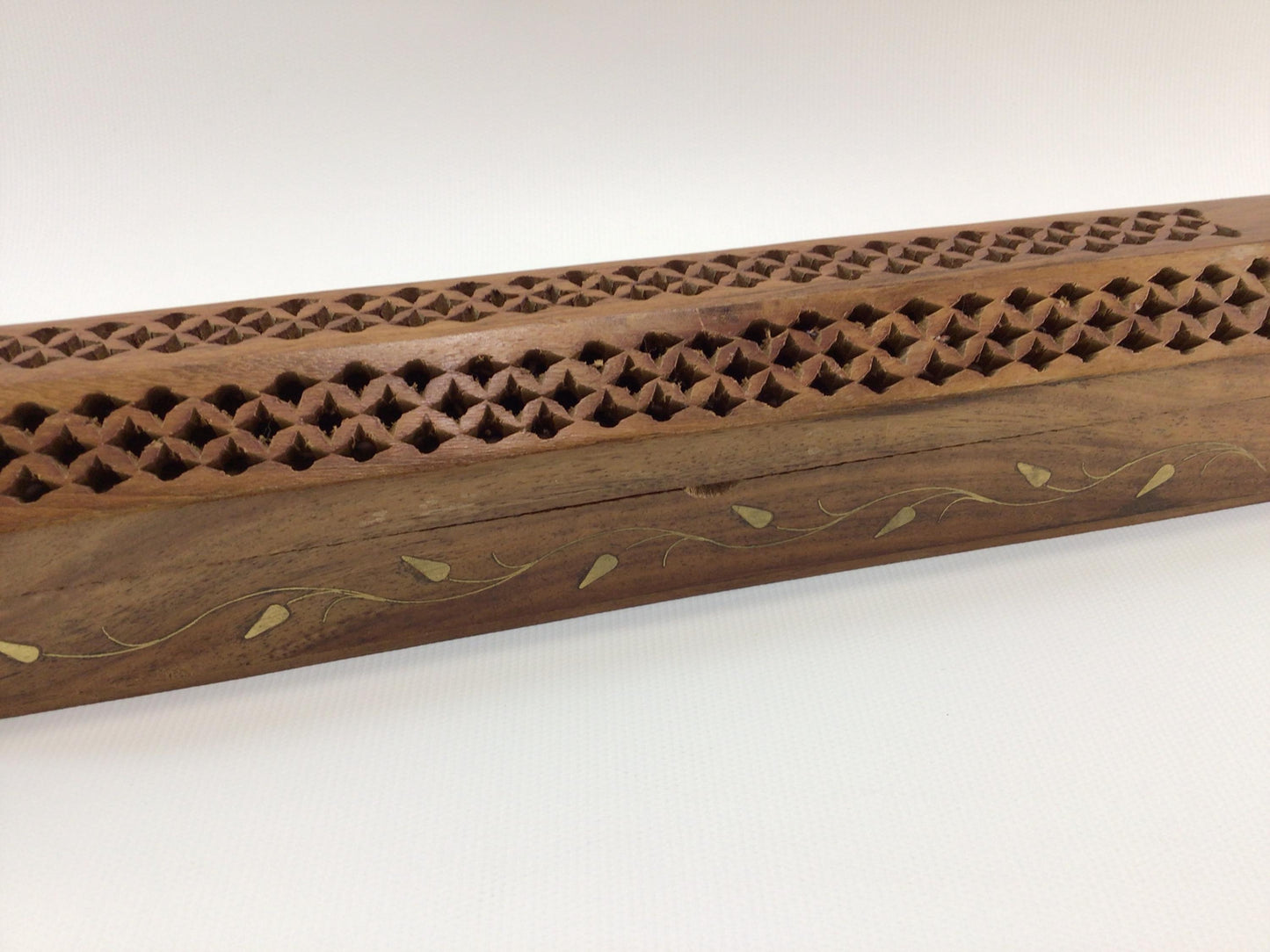 Incense Box Burner Vintage Hardwood and Brass Inlay Leaves for 9" Stick Incense