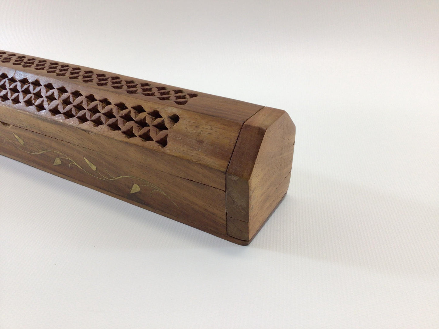 Incense Box Burner Vintage Hardwood and Brass Inlay Leaves for 9" Stick Incense