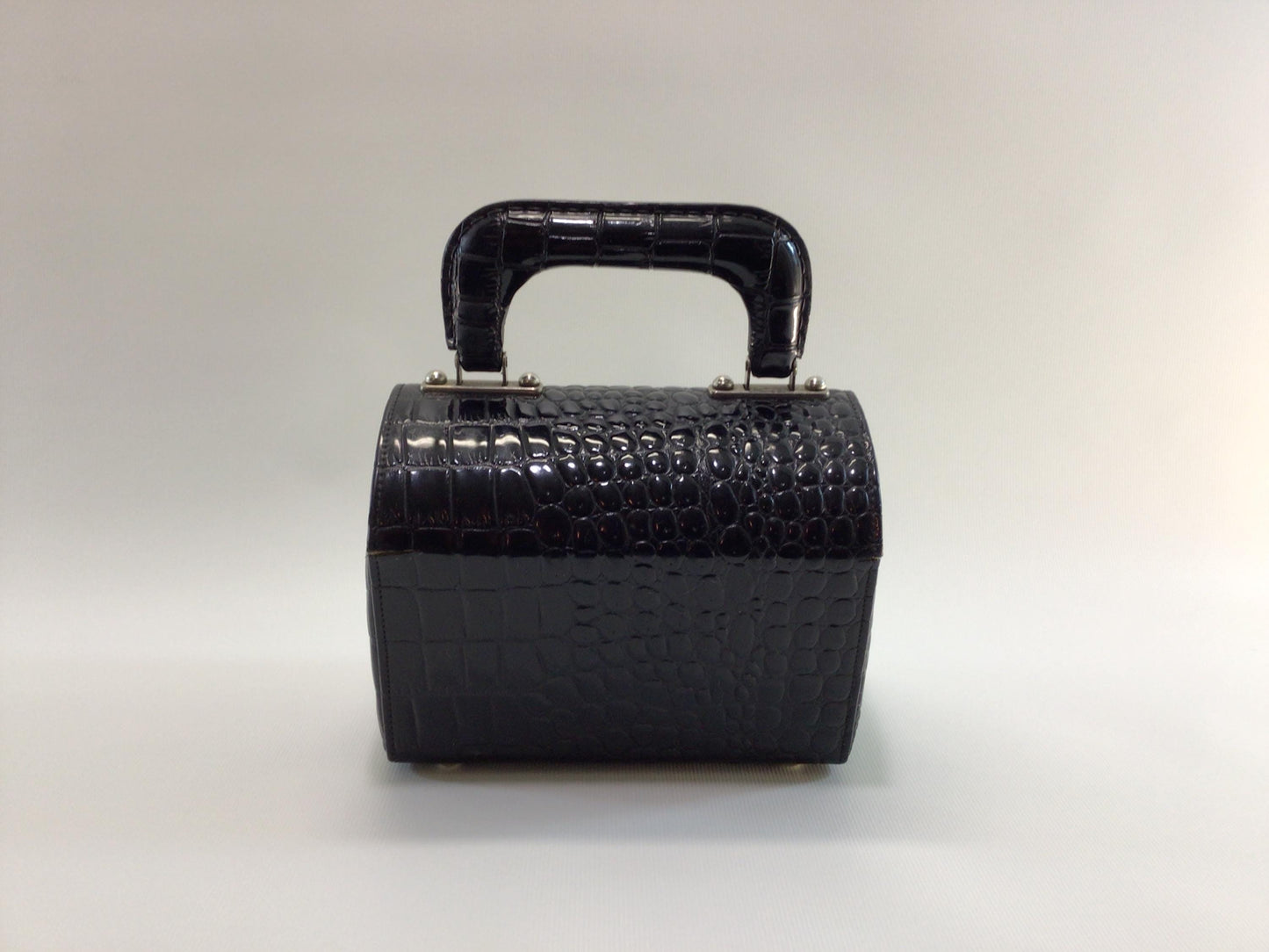 Black Faux Alligator Coffin Box Handbag Purse Vintage Mid Century Fashion Accessory