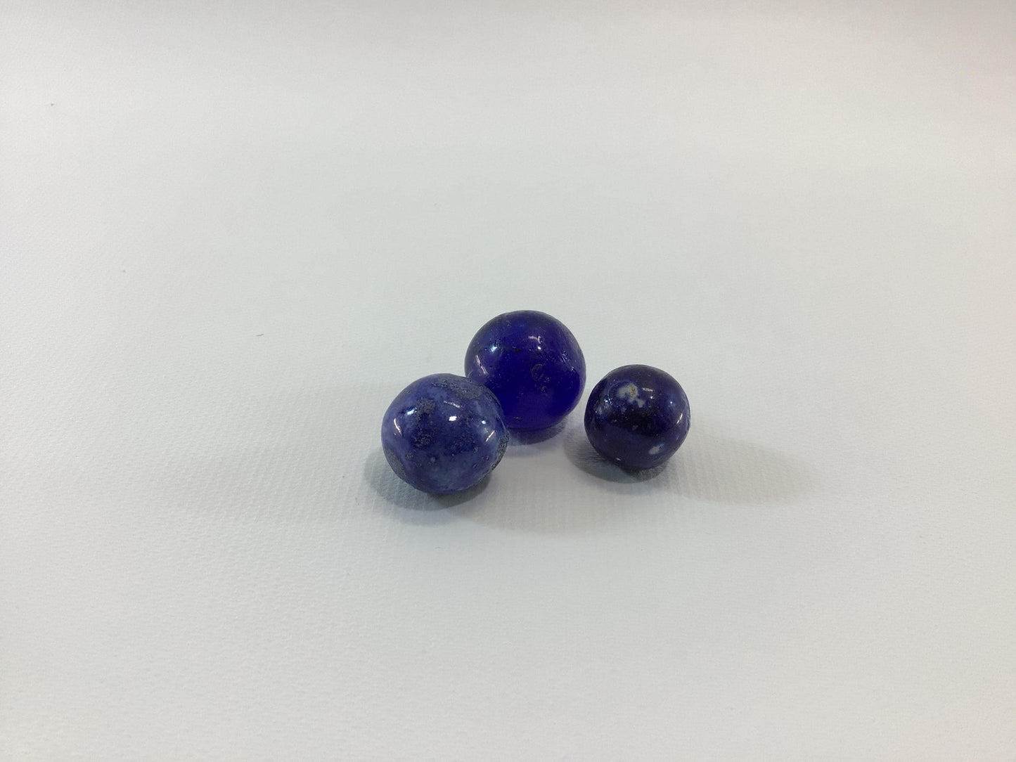 Antique Blue Marbles Lot of 3 Primitive Handmade Toy Game Pieces Clay Bennington and Cobalt Glass