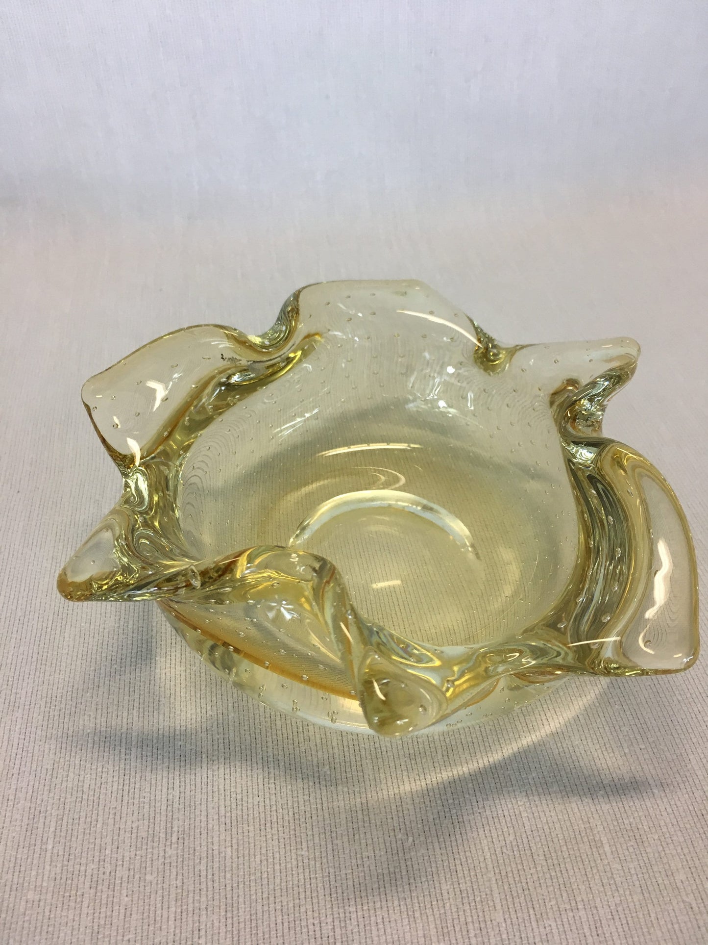 Candy Trinket Dish Handmade Art Glass Bowl Italian Murano Style Controlled Bubble Yellow Gold Mid Century Modern MCM Decor