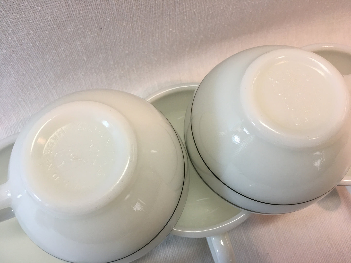 Pyrex Corning Coffee Cups Vintage Retro White Glass with Army Green Stripes C Handle Country Farmhouse Kitchen Serving Glass Blower Logo