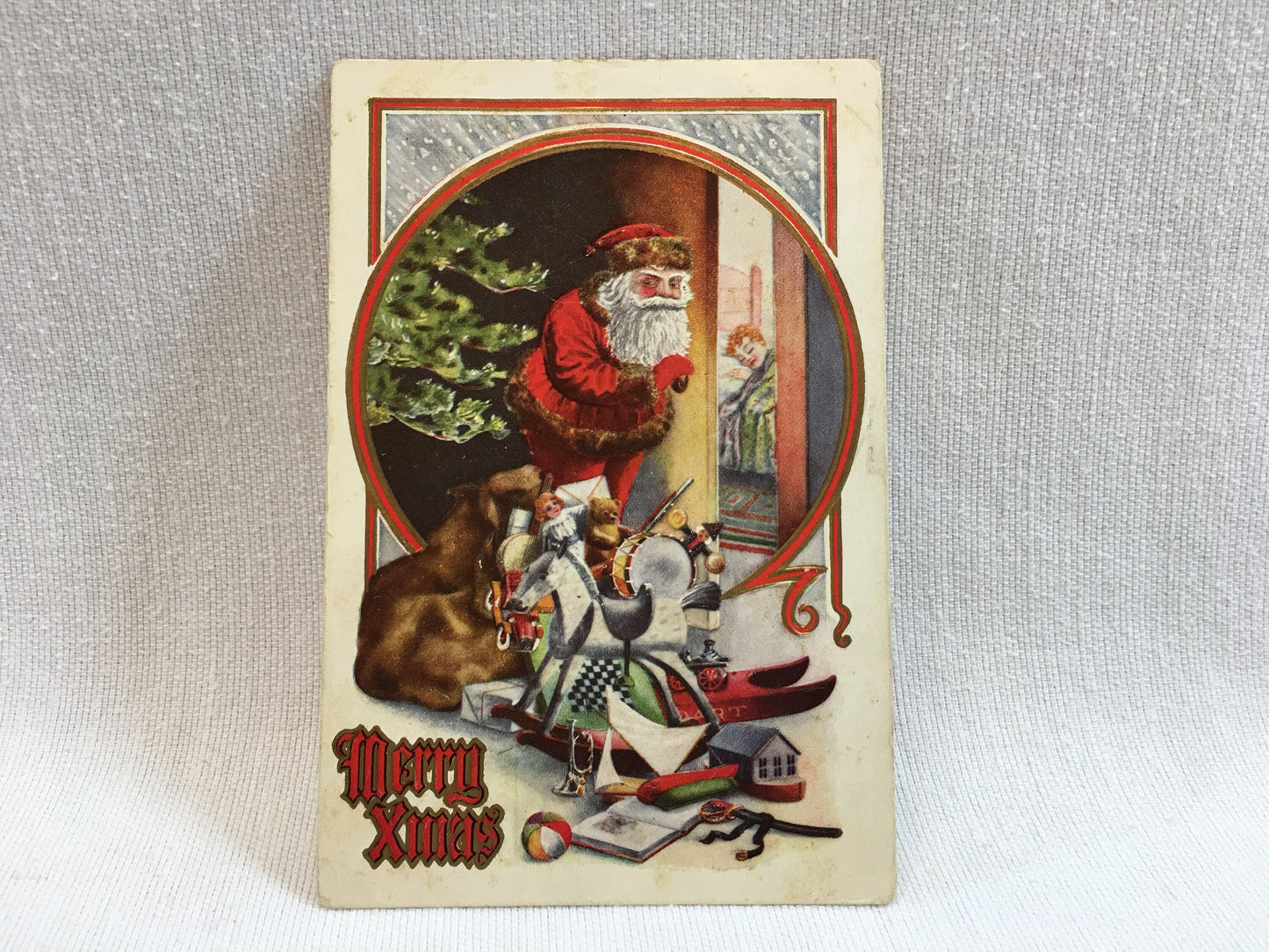Antique Christmas Postcard Santa Checking on Boy Sleeping