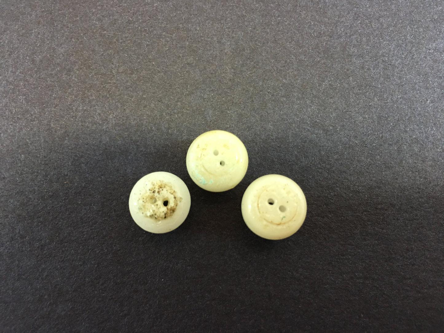 3 Antique circa 1910, White Glass Whistle Buttons