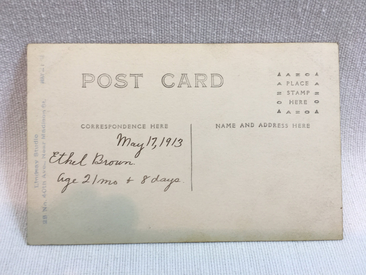 1913 RPPC Real Photo Postcard Little Girl, Ethel Brown age 21 months