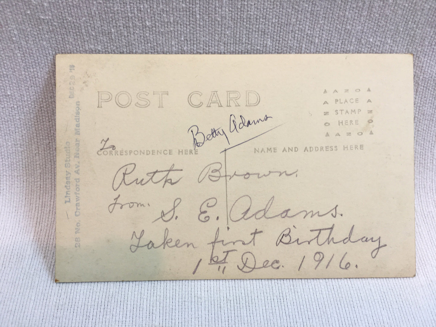 1916 RPPC Real Photo Postcard Cute Toddler on Bench, Betty Adams