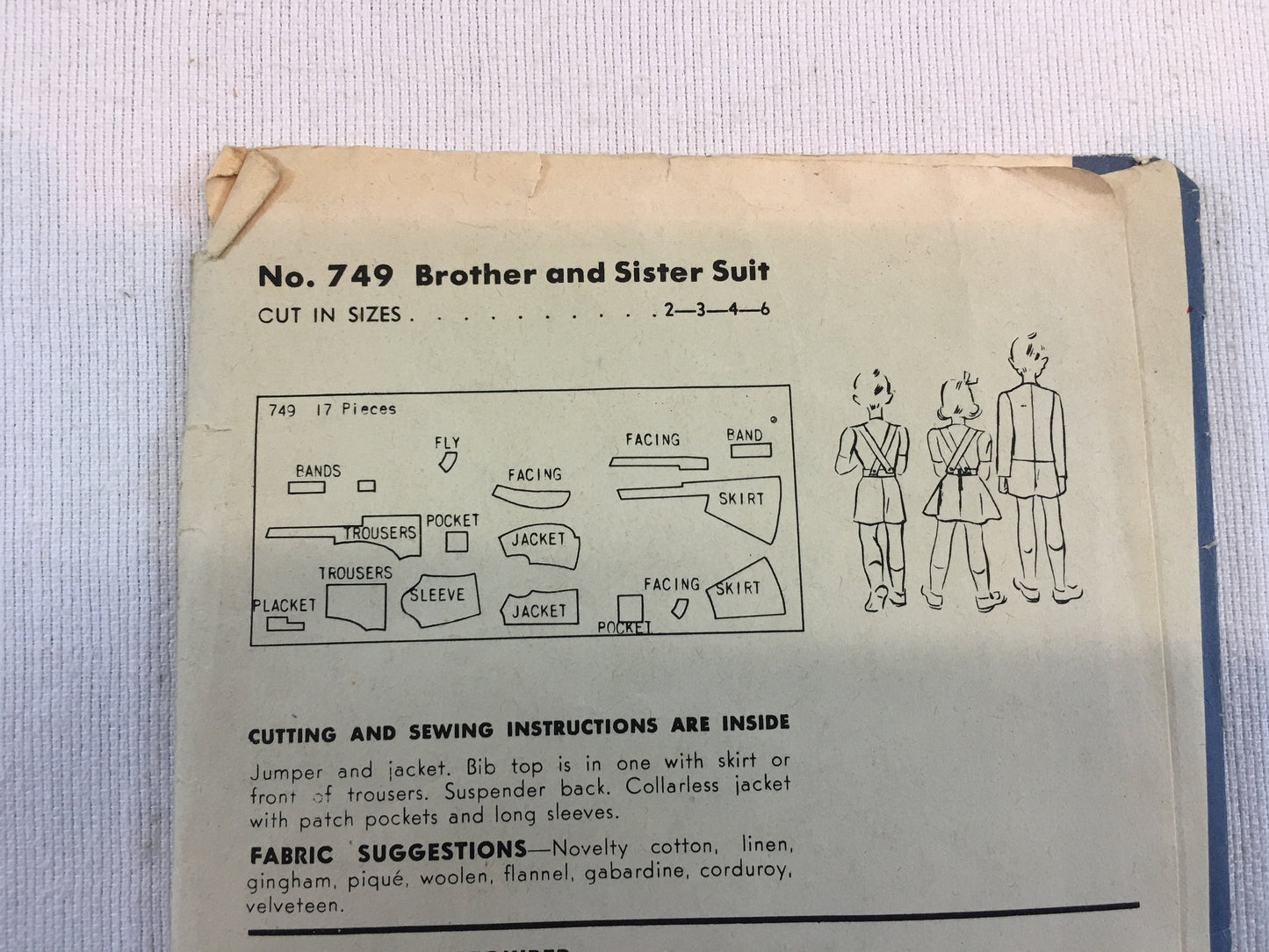 Vintage Hollywood Sewing Pattern No. 749, 1920's Brother and Sister Suit Size 4 years