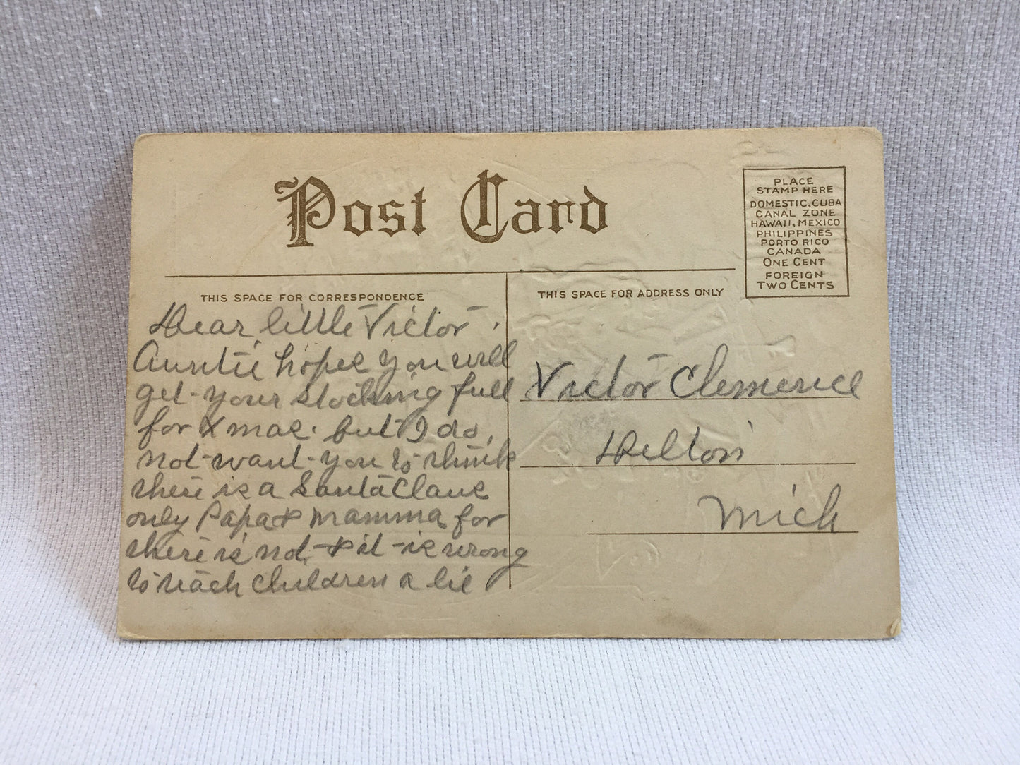 Antique Christmas Postcard Santa Checking on Boy Sleeping