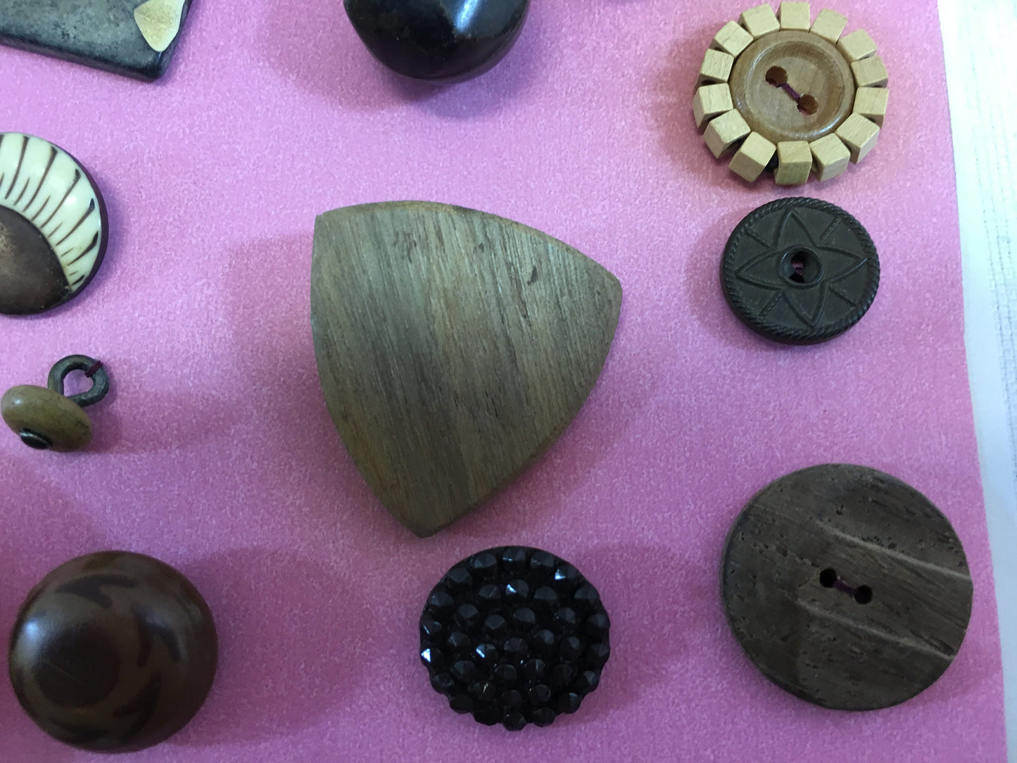 Button Collection on Card Antique Vintage Celluloid Tight Back Bubble Top Fabric Wood & Goodyear Rubber