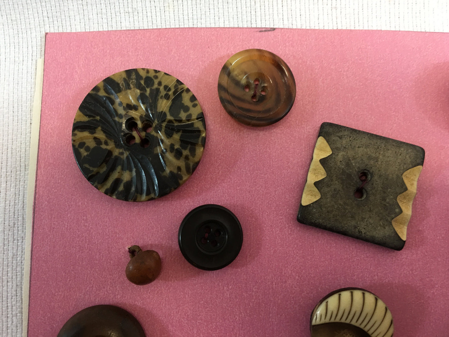 Button Collection on Card Antique Vintage Celluloid Tight Back Bubble Top Fabric Wood & Goodyear Rubber