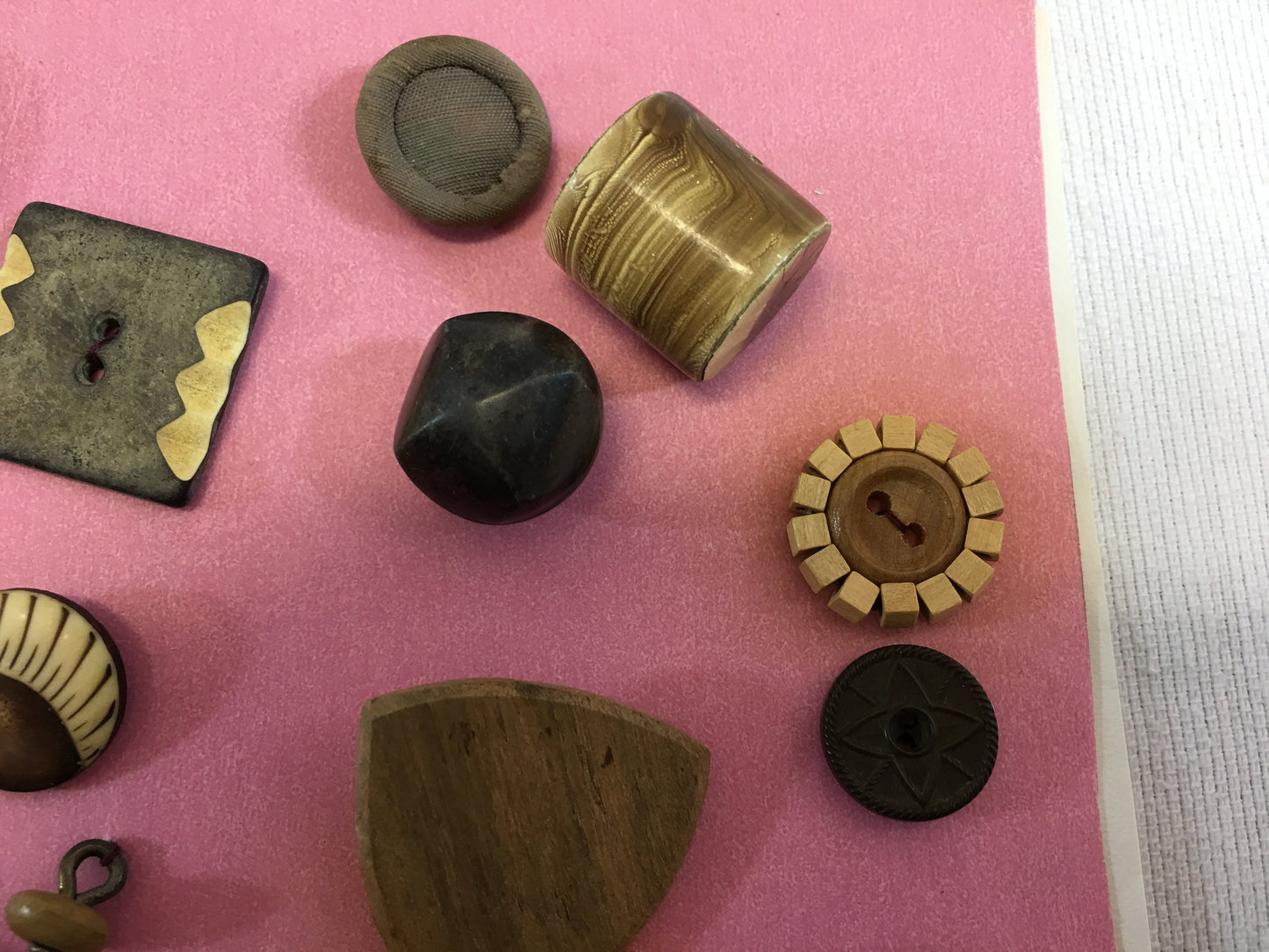 Button Collection on Card Antique Vintage Celluloid Tight Back Bubble Top Fabric Wood & Goodyear Rubber