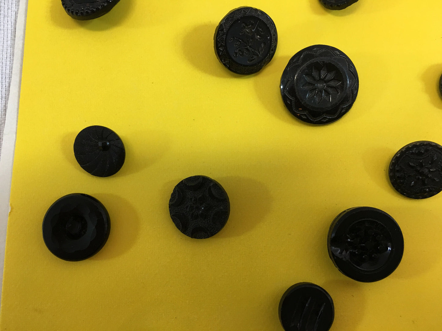 Button Collection Card Variety of Antique Carved Black Glass Buttons 1850's era